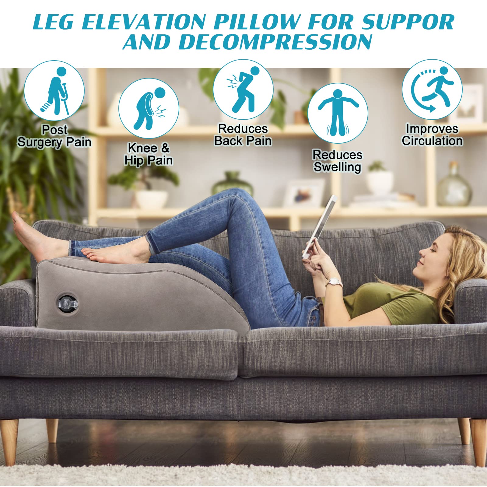 BLABOK Wedge Pillow for Sleeping - Inflatable Leg Elevation Pillow for Swelling,Circulation,Leg & Back Pain Relief,Leg Support Pillow,Leg Wedge Pillows for After Aurgery,Hip,Foot,Ankle Recovery