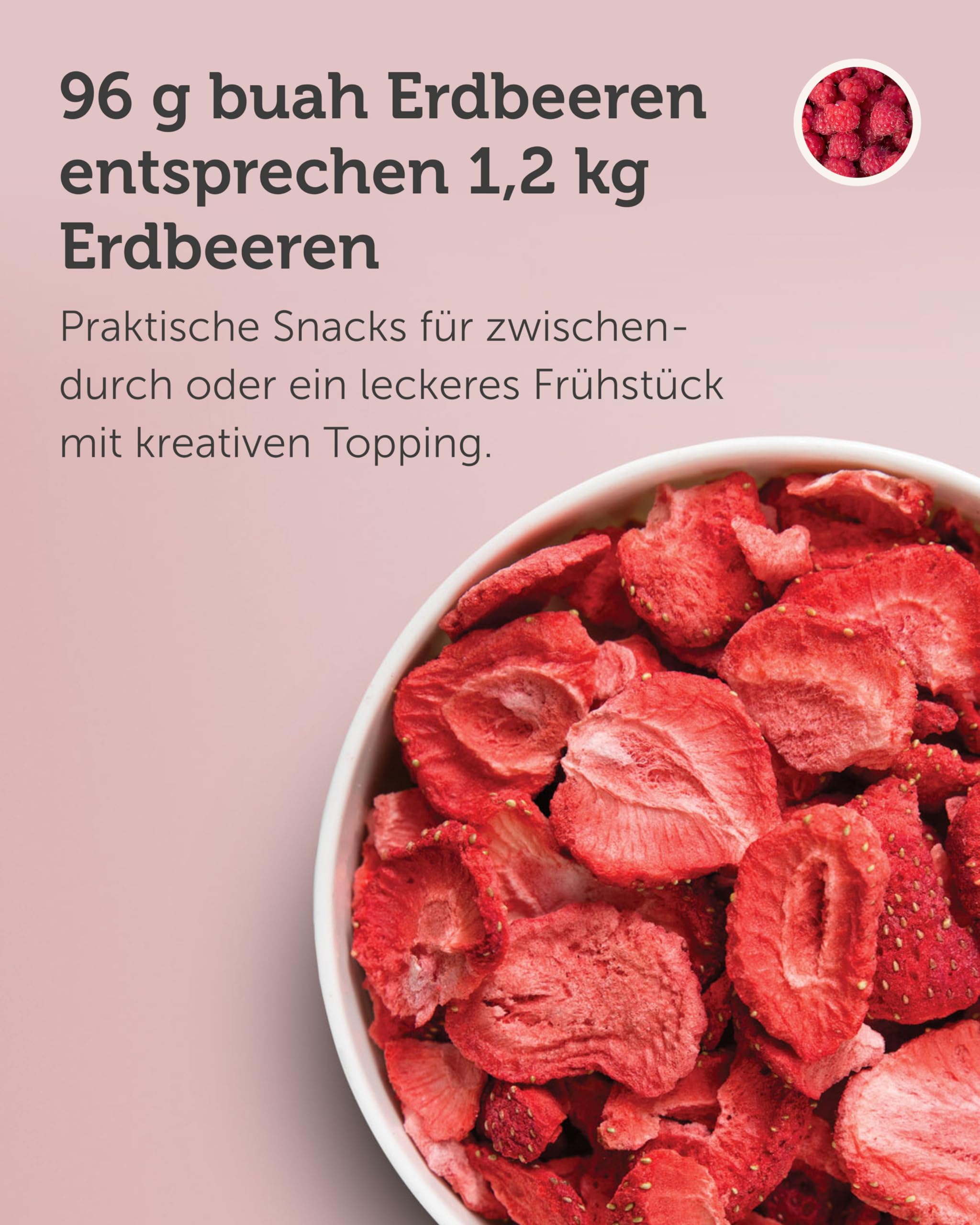 BUAH® Gefriergetrocknete Erdbeeren | Erdbeer Chips Als Snack Oder Für Smoothies | Idealer Süßigkeiten Ersatz | Vegan & ohne Zuckerzusatz | 96g