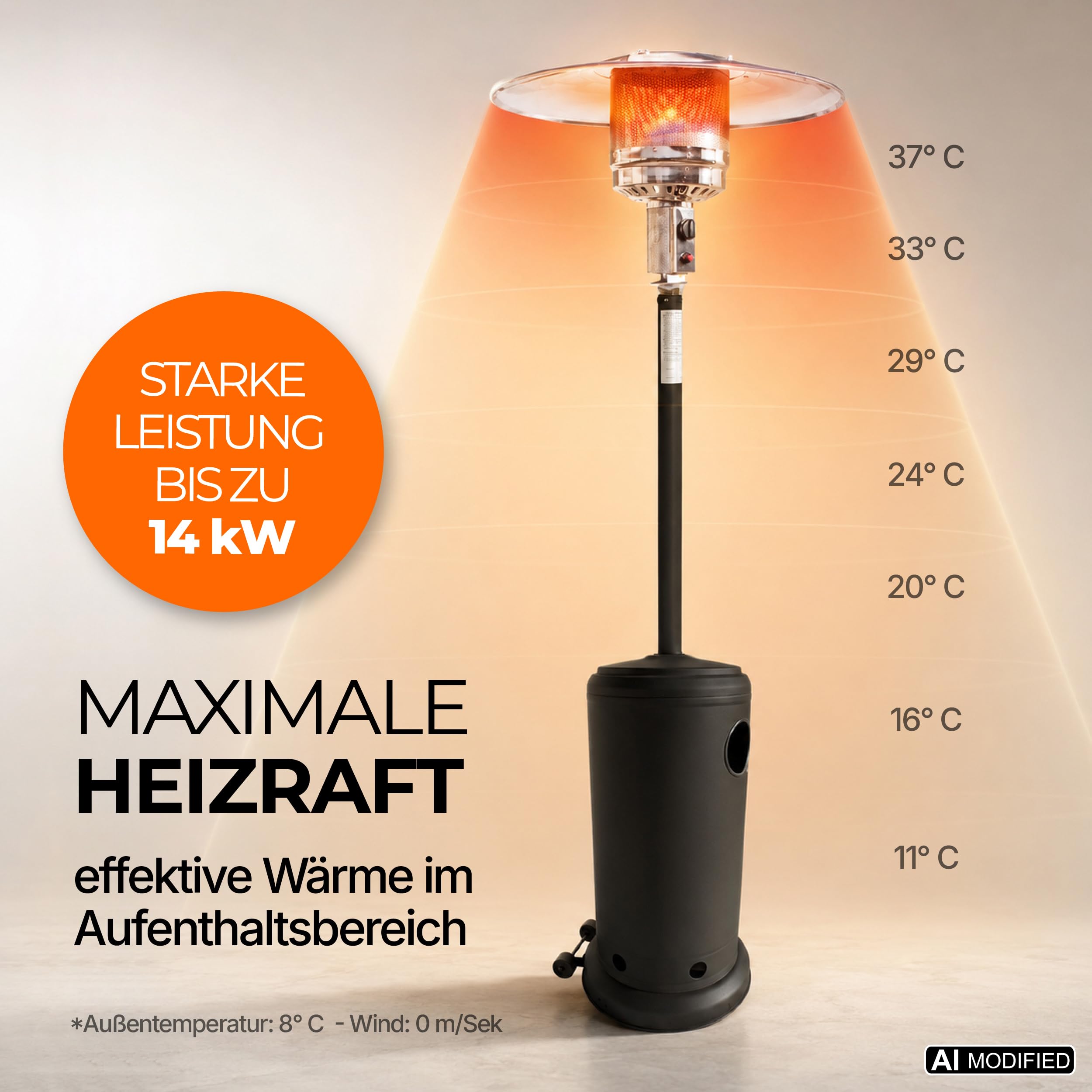 Lemodo Heizpilz 14 kW, Gasheizstrahler mit Piezo-Zündung, stufenlos regulierbar, mit Rädern und Umkippsicherung, für Terrasse, Garten, Sitzgruppen und Außenbereiche, geeignet für Gasflaschen bis 11 kg