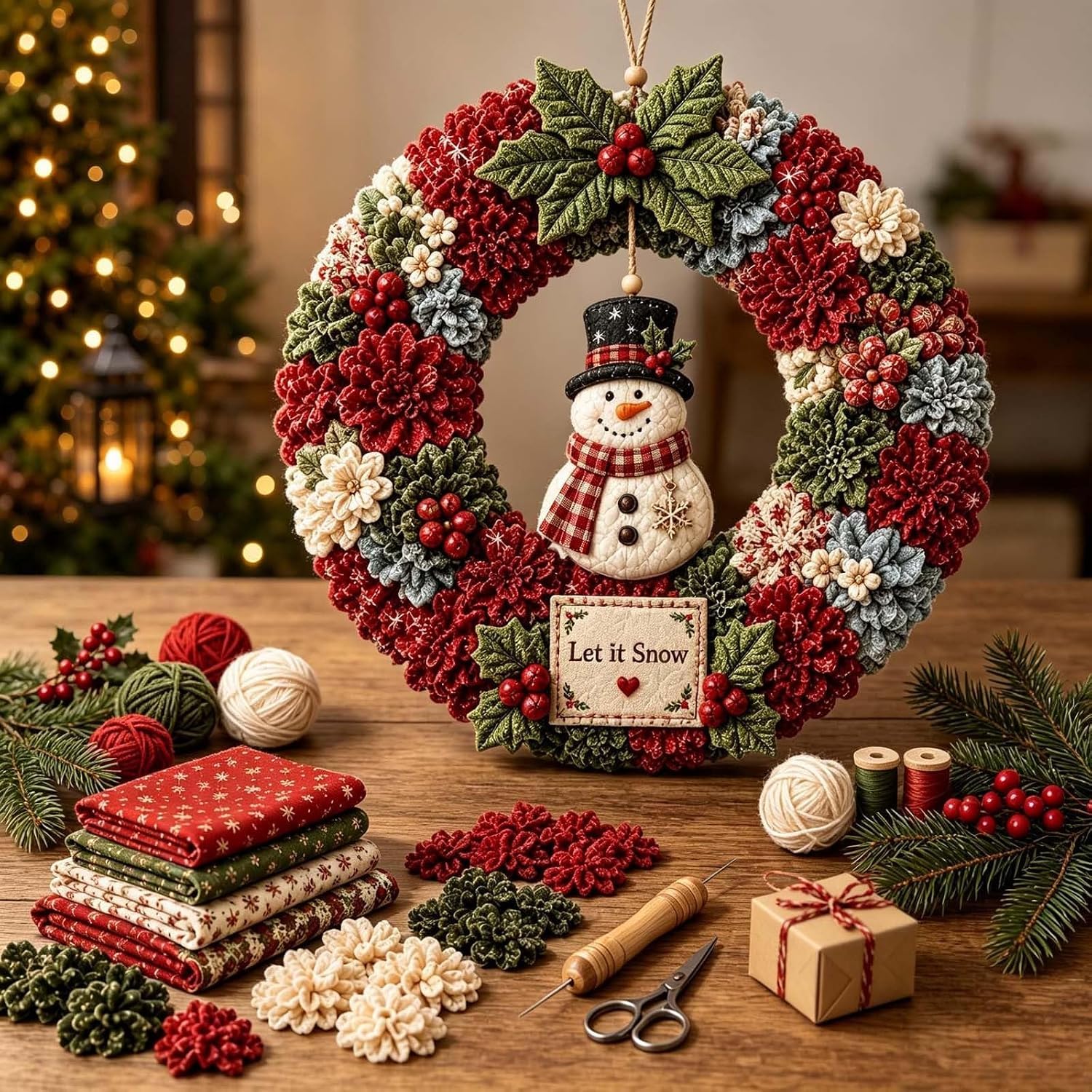3D Fabric Poke Wreath DIY Kit, Christmas Wreath DIY Kit for Adults，D