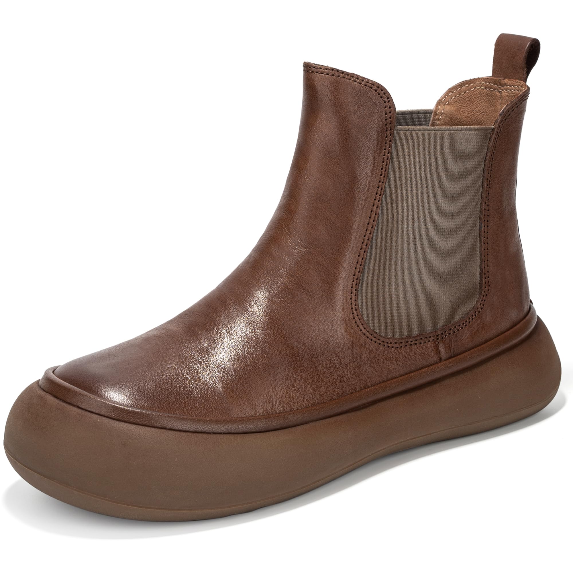 Womens Chelsea Boots Fashion Lug Sole Chunky Platform Heel Slip On Elastic Wide Ankle Booties Genuine Leather Round