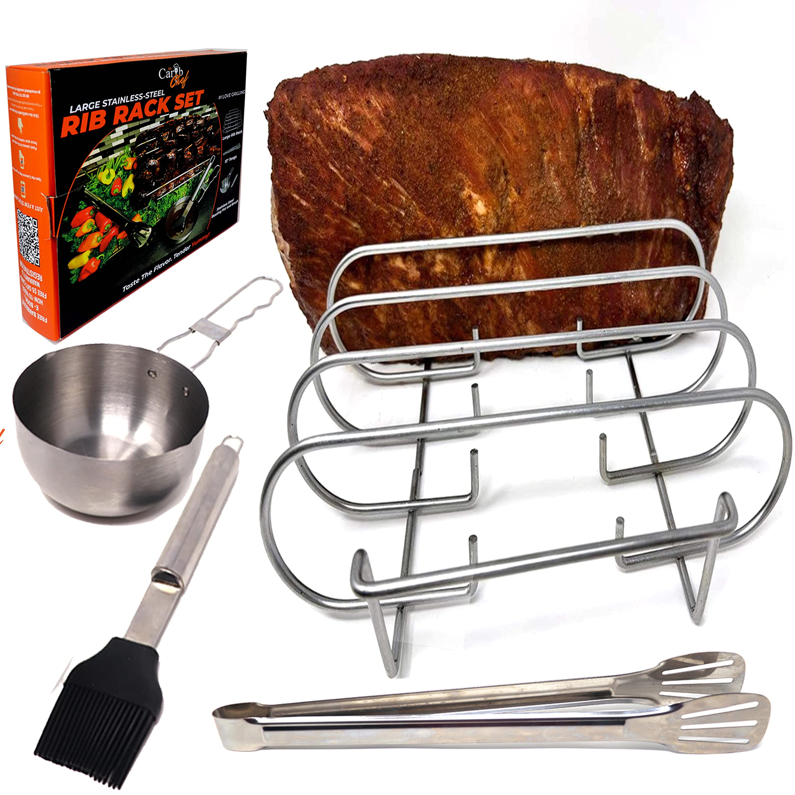 Large Rib Rack for Smoking - BBQ Rib Rack Gas Charcoal Smoker - Grilling Accessories - 304 Stainless Steel Roasting Stand With Tongs, Basting Brush Sauce Pan - Non Stick Grill Rack - Barbecue Rib Rack Holds 5 slab