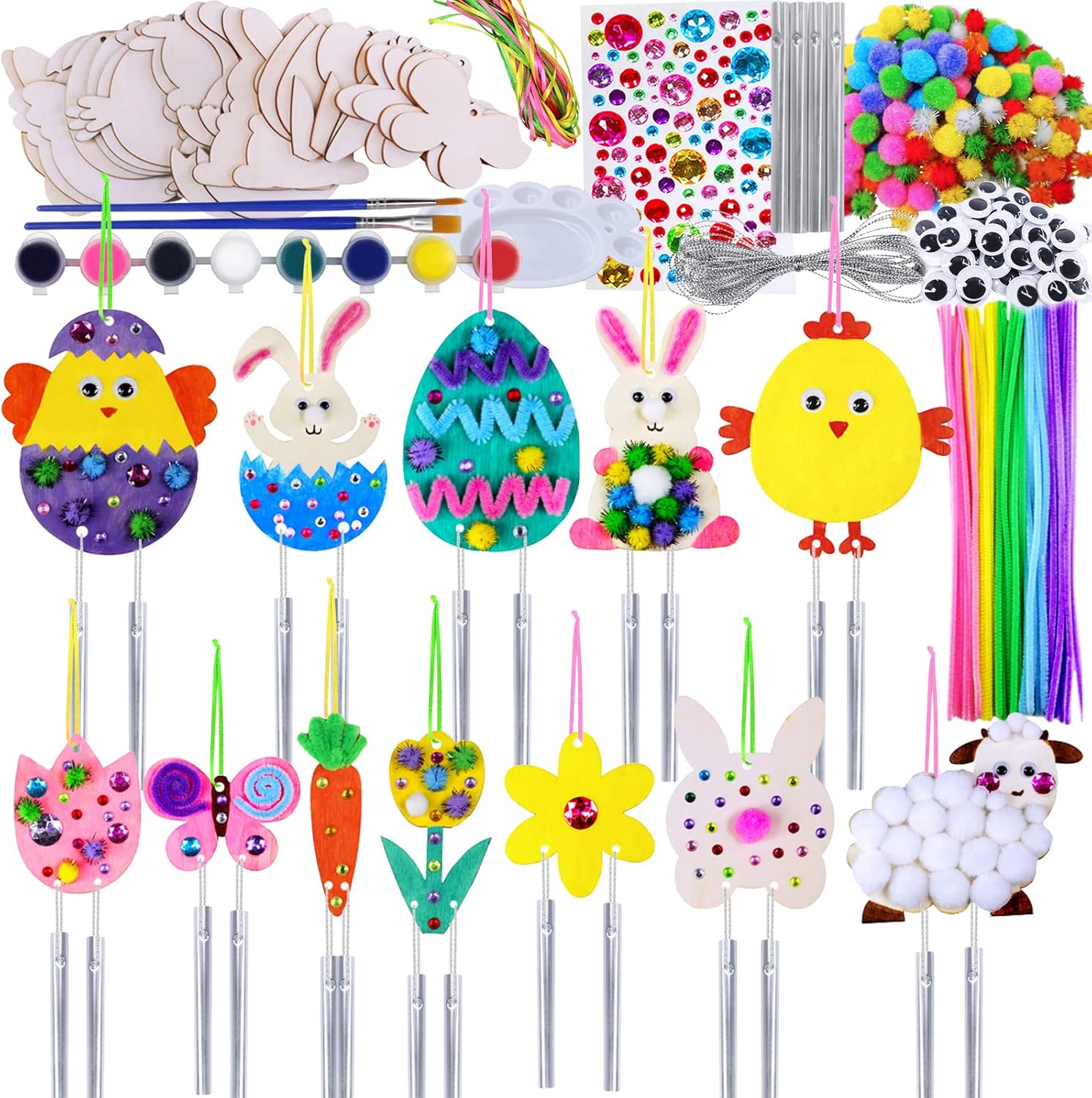 Winlyn 36 Sets Wooden Easter Wind Chimes Ornaments Easter Craft Kits Paintable Unfinished Wood Easter Egg Bunny Chick Tulip Pom Poms Wind Chimes Arts and Crafts for Spring Party Activities