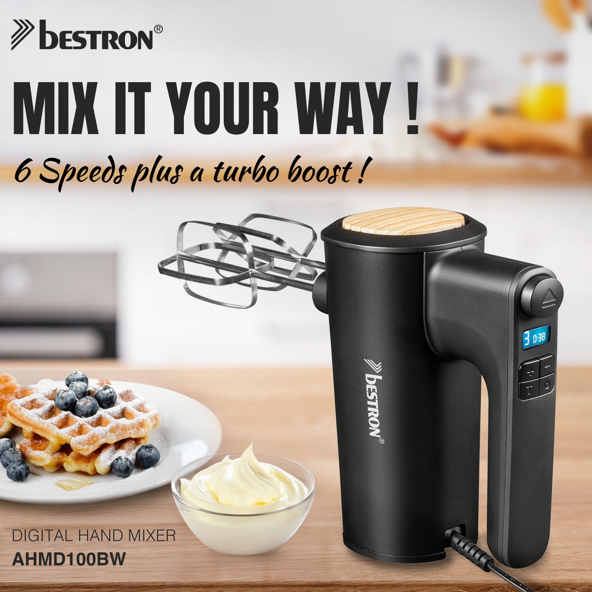 Bestron Power Handmixer, Leistungsstarker Handmixer mit 6 Stufen, Turbo-Funktion & LCD-Display, Rührgerät inkl. 2 Schneebesen & 2 Knethaken, Leichtgewicht von 1KG, Farbe: Schwarz/Holz