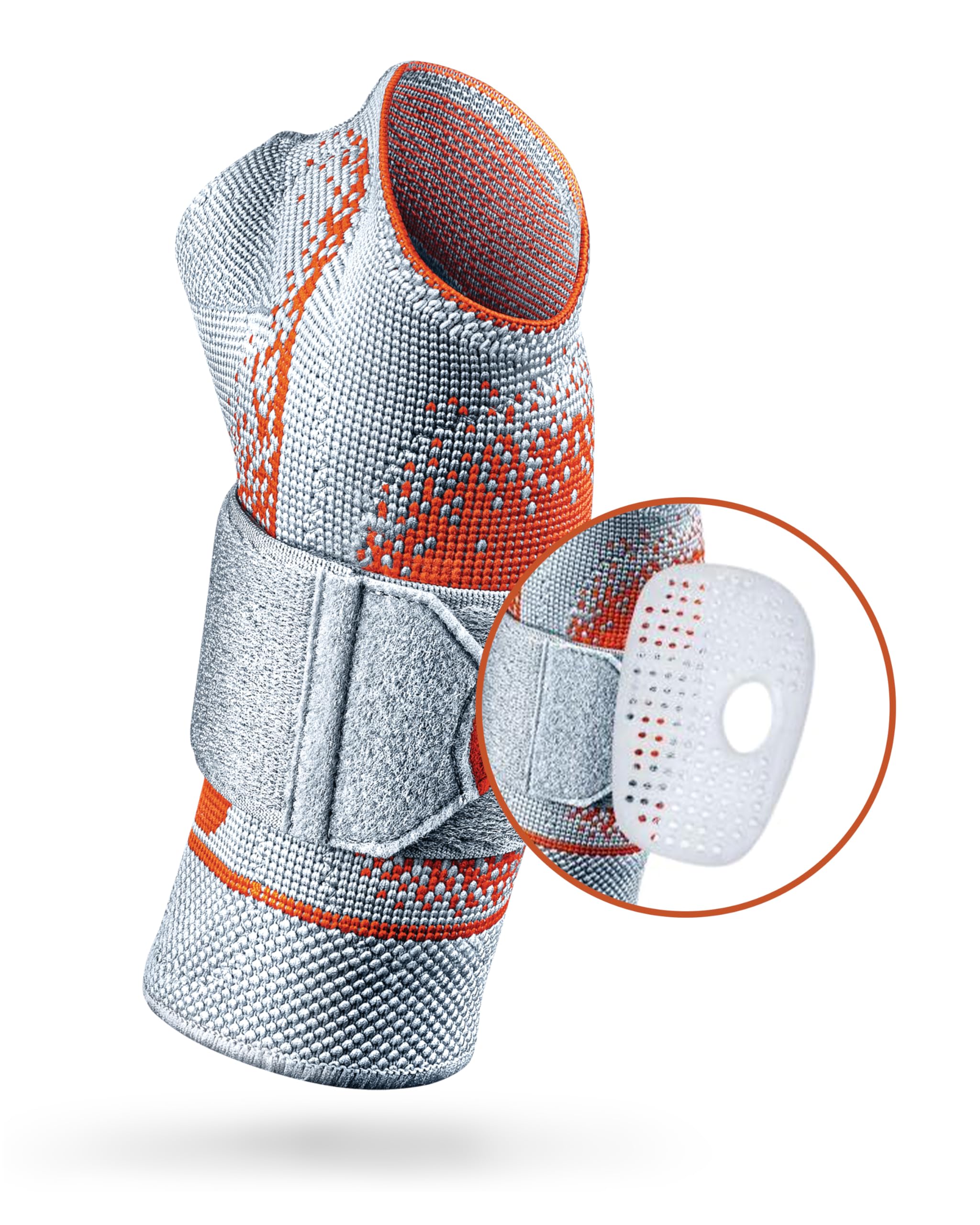 SPORLASTIC – MANUDYN SUPREME Handgelenkbandage links 3D-Gestrick– Orthopädische Handgelenkstütze mit anatomischer AIR-MATRIX Silikonpelotte zur Unterstützung des Ulnarköpfchens – Orangeblue Größe XL