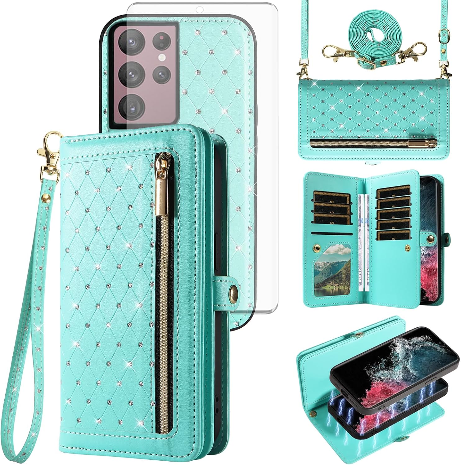 Asuwish Phone Case for Samsung Galaxy S22 Ultra 5G Zipper Wallet Detachable Cell Cover with Screen Protector Crossbody Strap Bling Flip Credit Card Holder S22ultra 22S S 22 S22ultra5g 6.8 Women Green