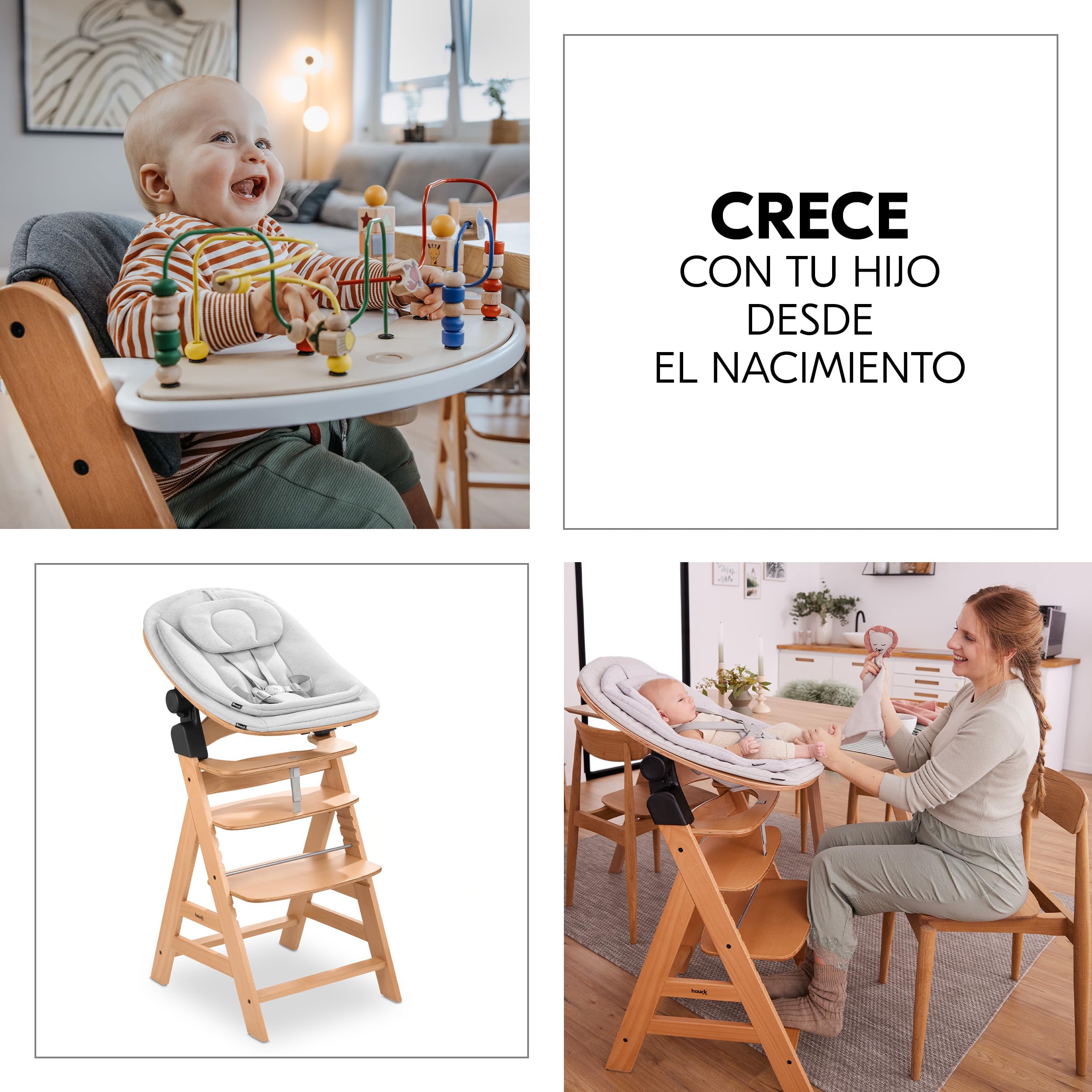 hauck Alpha Plus Newborn Set Eco Bouncer Trona Madera Evolutiva desde el Nacimiento – Sillas Tronas para Niños con Hamaca Recién Nacidos y Cojín de 2 Piezas – Natural | Trona de madera para niños desde el nacimiento hasta 90 kg, incluye accesorio para rec