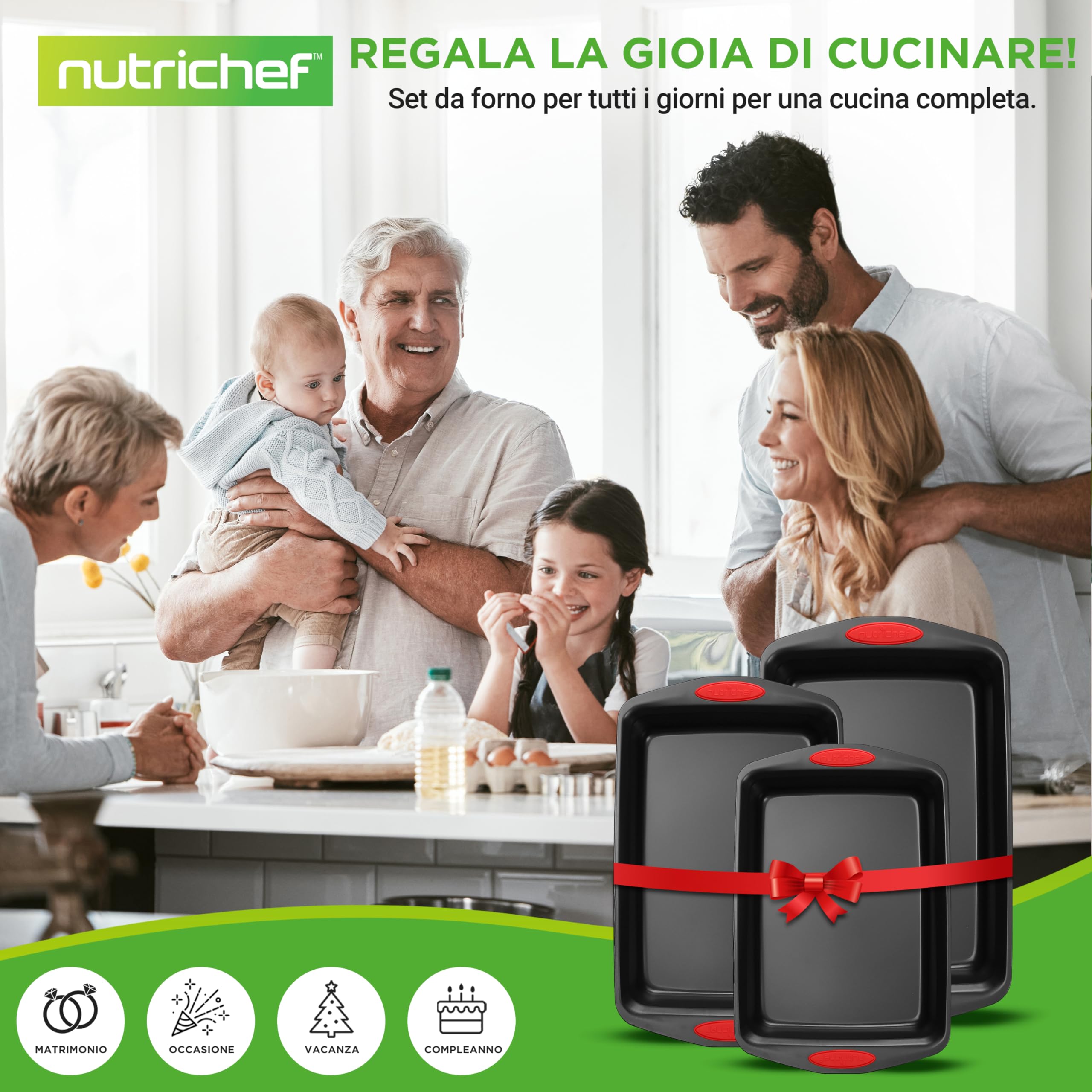 NutriChef Set 3 Pezzi Teglie Forno Antiaderenti in Acciaio al Carbonio con Manici in Silicone, Teglie da Forno Grandi, Medie, Piccole per Pizza, Pane, Dolci, Biscotti, Lasagna, Verdura, Torta, Nero