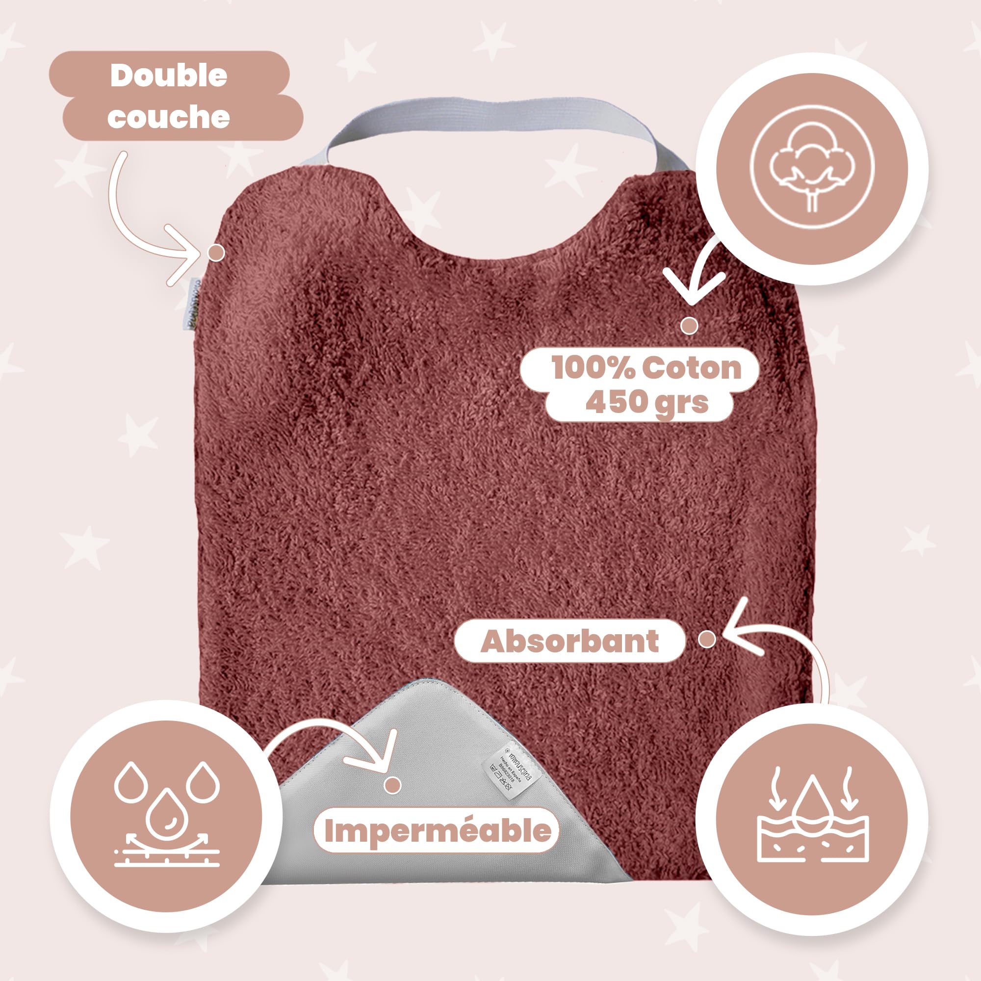 MIMUSELINA | Lot de 10 Bavoirs Bebe Imperméables en Coton avec Élastique au Cou | Grand Bavoir Bebe BLW en Éponge et Tissu Imperméable | Idéal pour la Crèche | Puericulture bébé | Fabriqué en Espagne