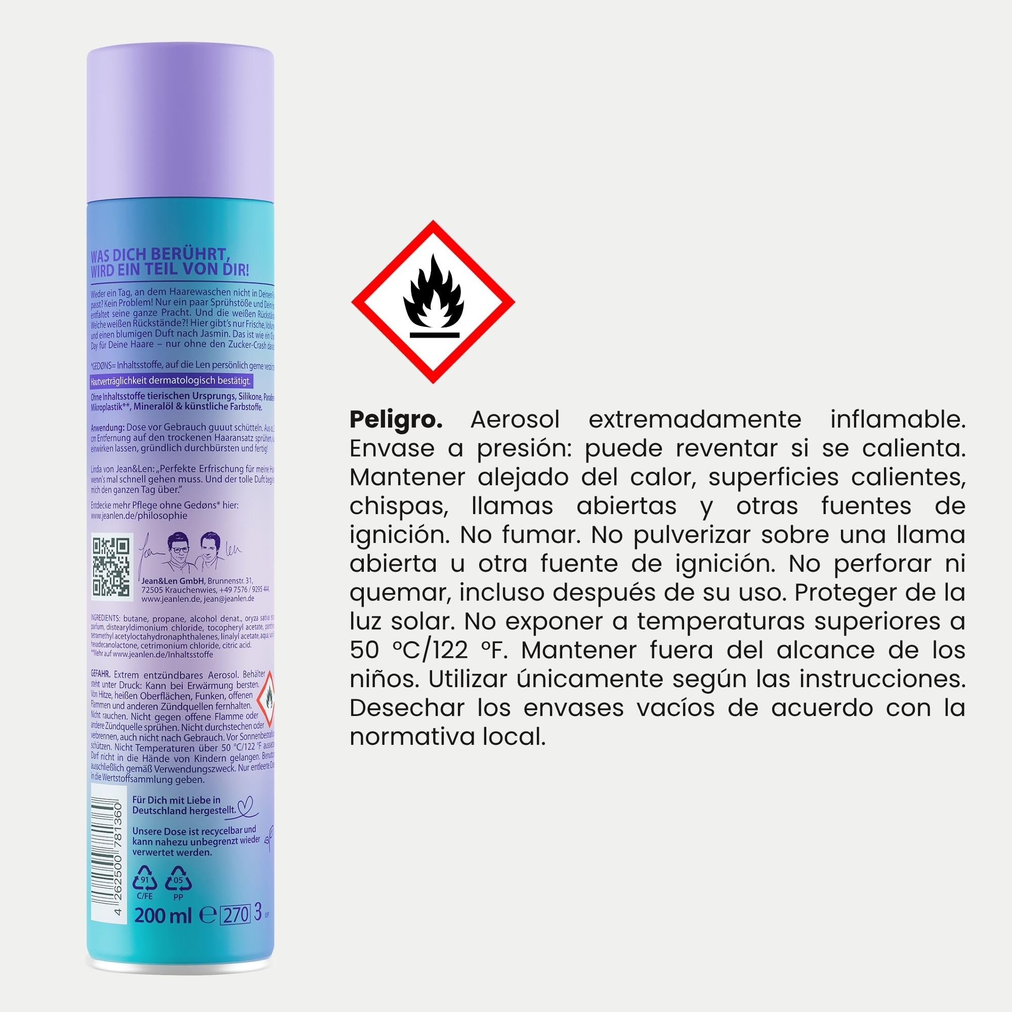 Jean & Len champú en seco volumen, fácil de cepillar, aporta textura y agarre, con efecto frescor inmediato, aroma fresco y floral, sin parabenos ni siliconas, vegano Dry Shampoo, 200 ml