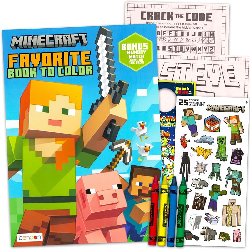 Minecraft Coloring Book Set for Boys - Activity Bundle + Stickers, Crayons | Minecraft Coloring Activity Book Set for Kids 3-5 4-8 6-8 4-6 with Sticker Sheet, Crayons, Coloring Pages, Games, Puzzles
