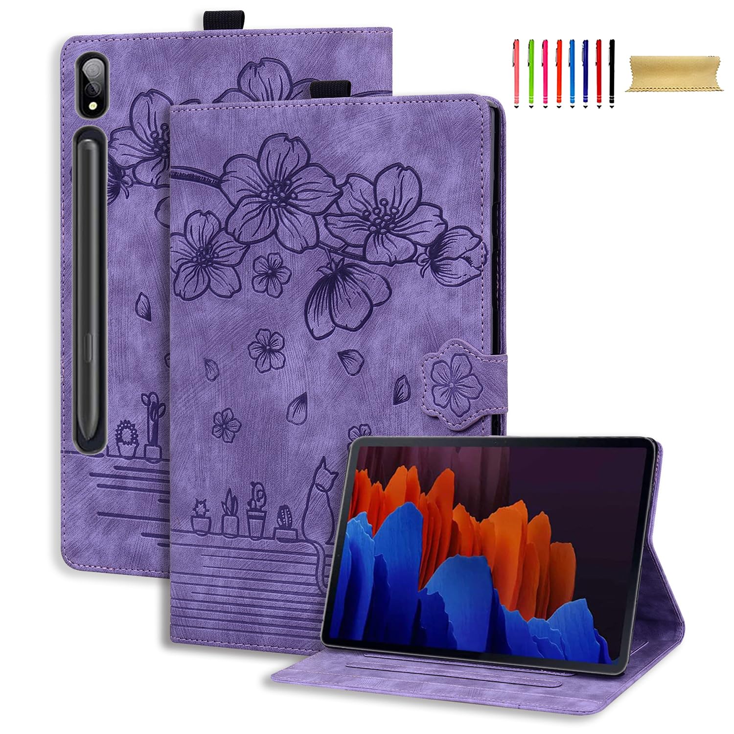 Slim Case for Samsung Galaxy Tab S10+ Plus/S9+ Plus/S8+ Plus/S7+ Plus/S7 FE 12.4", Floral Cat Pattern Flip Auto Sleep Wake Shockproof Stand Protective
