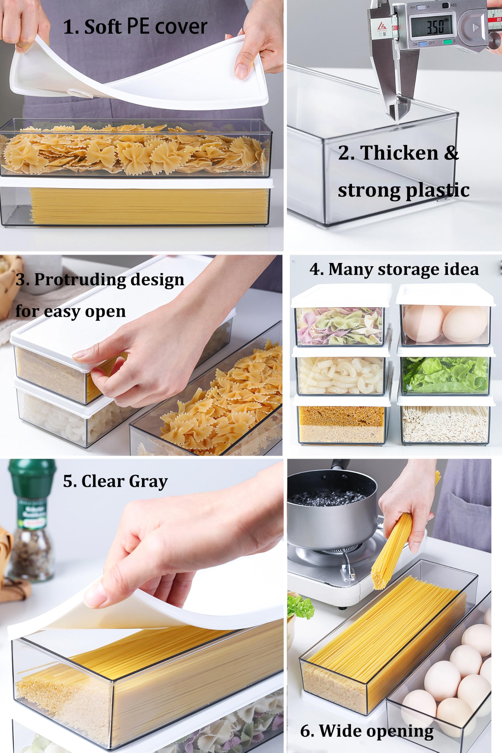 Nudelbehälter für Speisekammer, große Spaghetti- und Nudeldosen, durchsichtiges Müsli-Aufbewahrungs-Set mit Verschlussdeckel, haltbarer Kunststoff, stapelbar, Küchenschrank (6, 1.0 l horizontal)