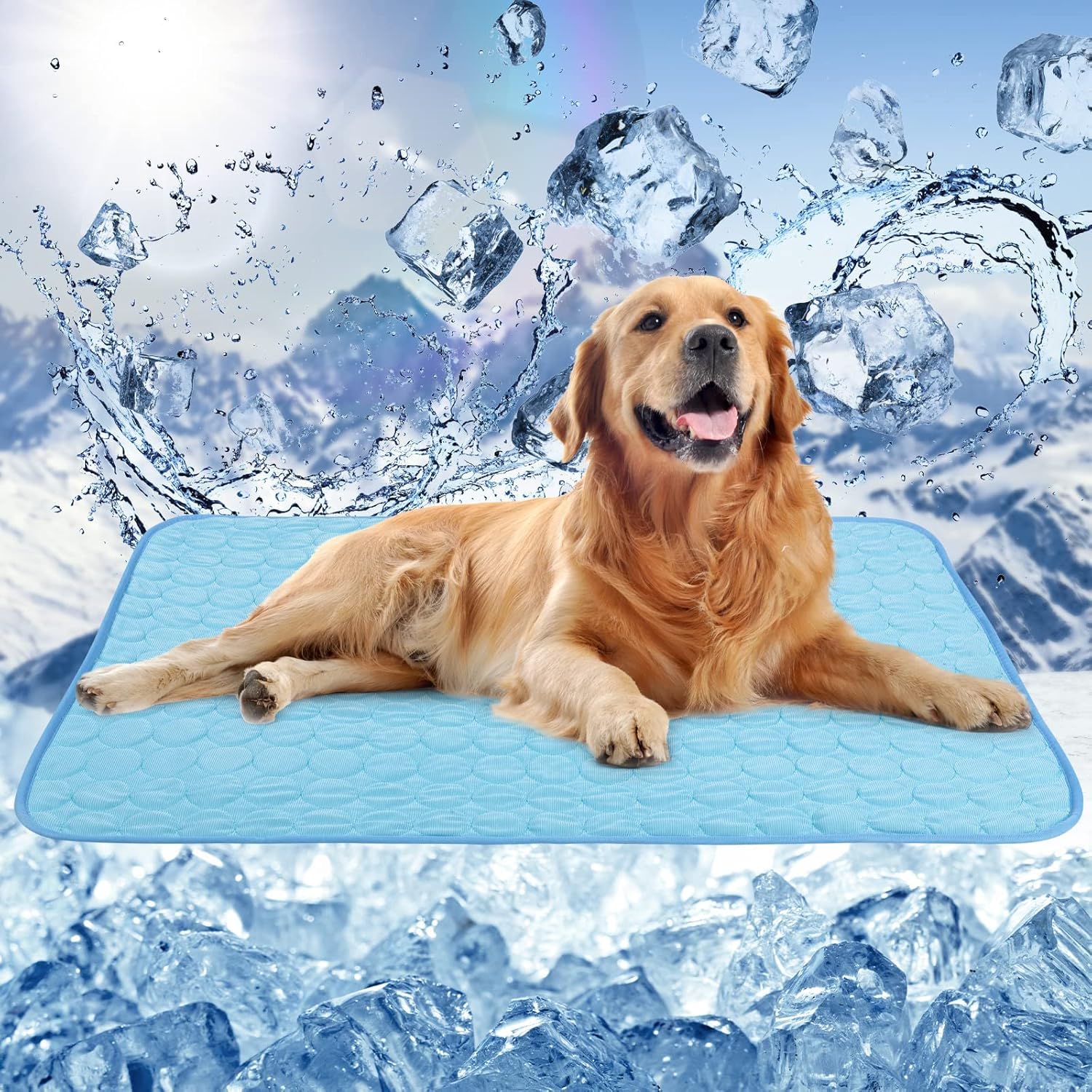 OULGZ Kaleido Reusable Summer Cooling Mat Pad for Dogs Cats Ice Silk Mat Cooling Blanket Cushion for Kennel/Sofa/Bed/Floor/Car Seats.Stay Cool for Pets, Kids and Adults.(Blue) (S: 15.7x19.7inch)