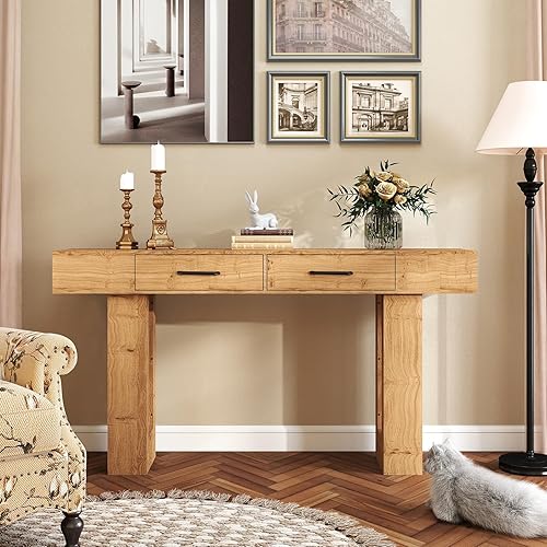 Miniatura 5 de Rovibek Mesa consola de 63 pulgadas para entrada, mesa de entrada de granja con 2 cajones, mesa detrás del sofá con tomacorriente, mesas de entrada