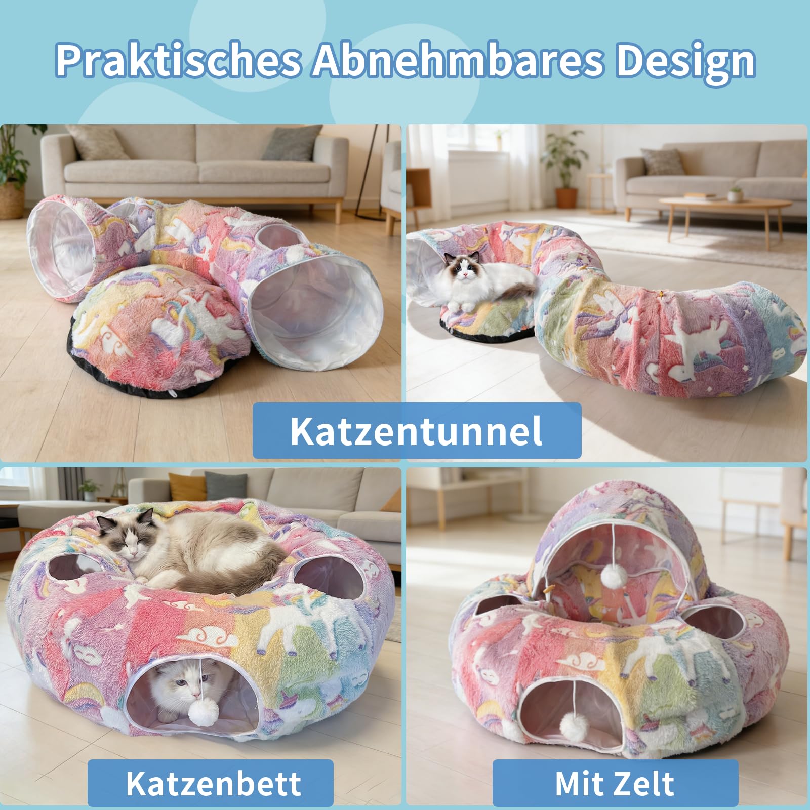 Katzenbett mit Leuchtfunktion, XXL Plüsch Katzentunnel mit Ball, Große Rascheltunnel Katzenhöhle Katzenspielzeug für Katzen Kaninchenoder Welpen