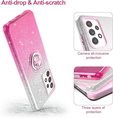 Miniatura 8 de Funda para Galaxy A52 5G para niñas y mujeres, delgada, con purpurina y soporte de anillo de 360, soporte magnético para automóvil, absorbente de