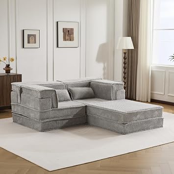 Compression Loveseat Sofa with Ottoman, 79 Inch Convertible Floor Sofa Bed, DIY Boneless Modular Sectional Sofa, No Assembly Required, Fleece Fabric Modern Oversized Light Grey + Ottoman