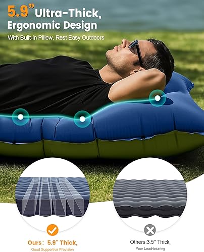 Miniatura 2 de Colchoneta de dormir para campamento, de 5.9 pulgadas de grosor, con almohada integrada y bomba de pie, almohadilla de dormir autoinflable Azul