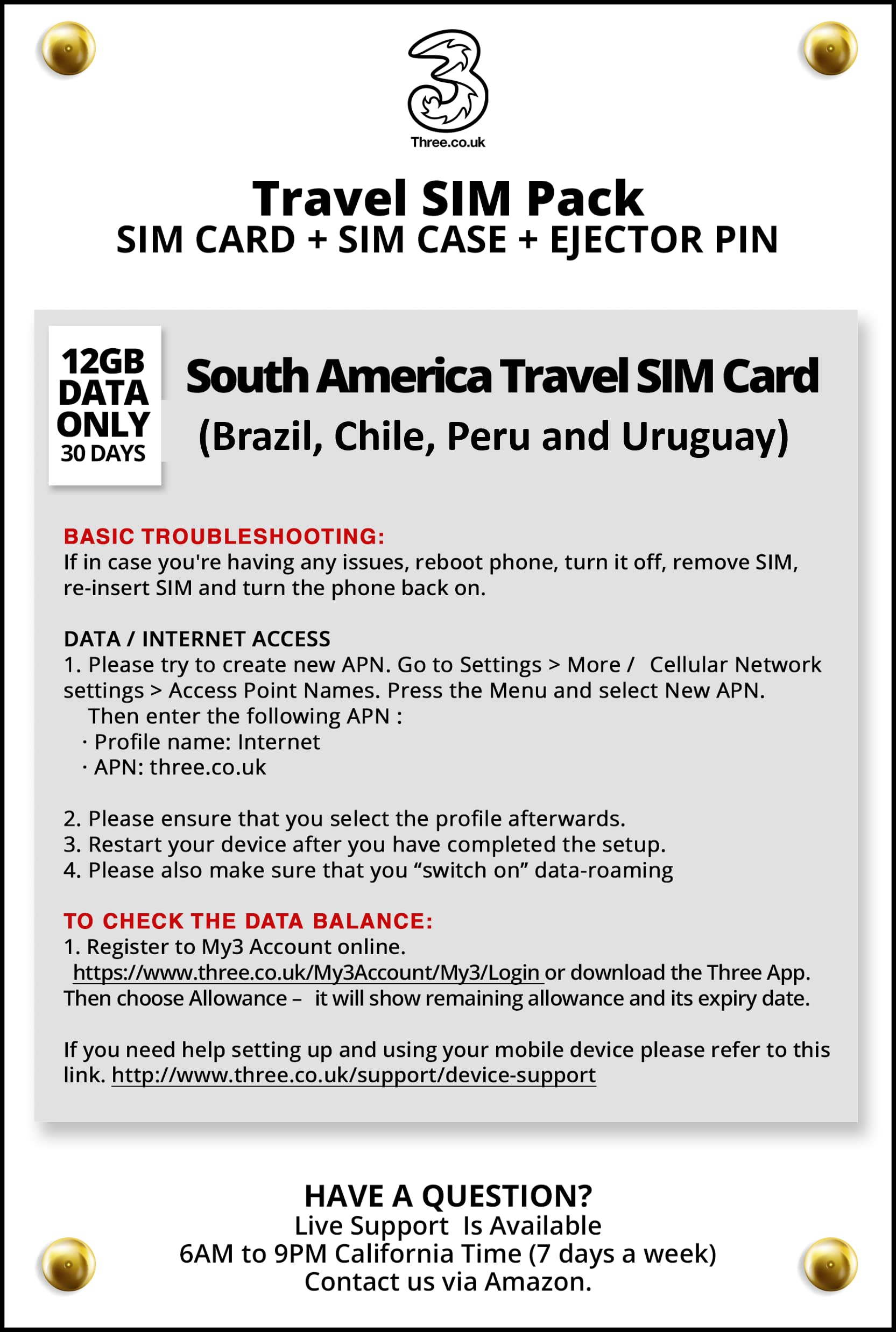 Amazon.com: South America Prepaid Travel SIM Card by 3UK. 12GB Data only for  30 Days. We Must Activate The SIM Card. : Cell Phones & Accessories