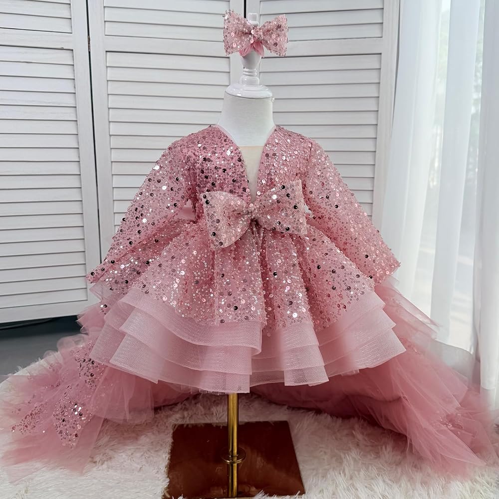 bluqulo Baby Girl Pageant Dress Sequin Embroidered lace Toddler Floral Wedding Birthday Party Dress with Trailing Tail (US, Age, 18 Months, 24 Months, Pink): Clothing, Shoes & Jewelry