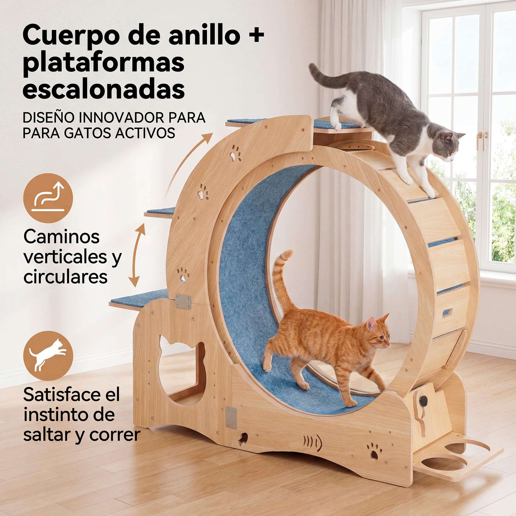 Rueda de Ejercicio para Gatos de Madera Maciza 5 en 1 (100cm) con Casita Integrada, Rascador, Plataformas y Cuencos – Cinta de Correr Silenciosa y Estable para Gatos Grandes y Perros Pequeños