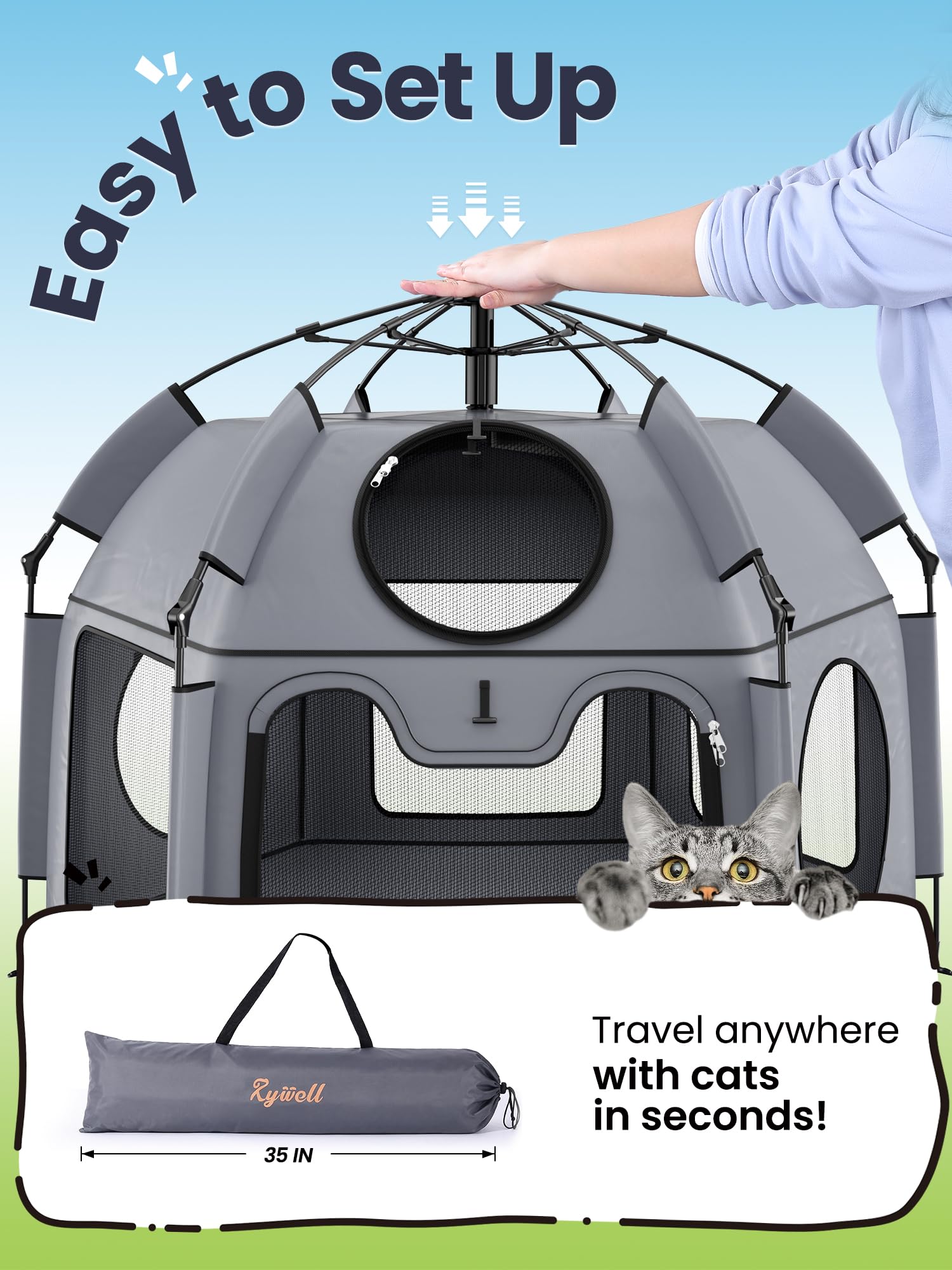 Rywell Extra Großes Katzengehege Outdoor & Indoor – 6-eckiges Katzenhaus mit 1-Sekunden-Aufbau, Faltbar & Tragbar, 360° Belüftung, Abnehmbarer Schatten- und Regenschutz für Katzen