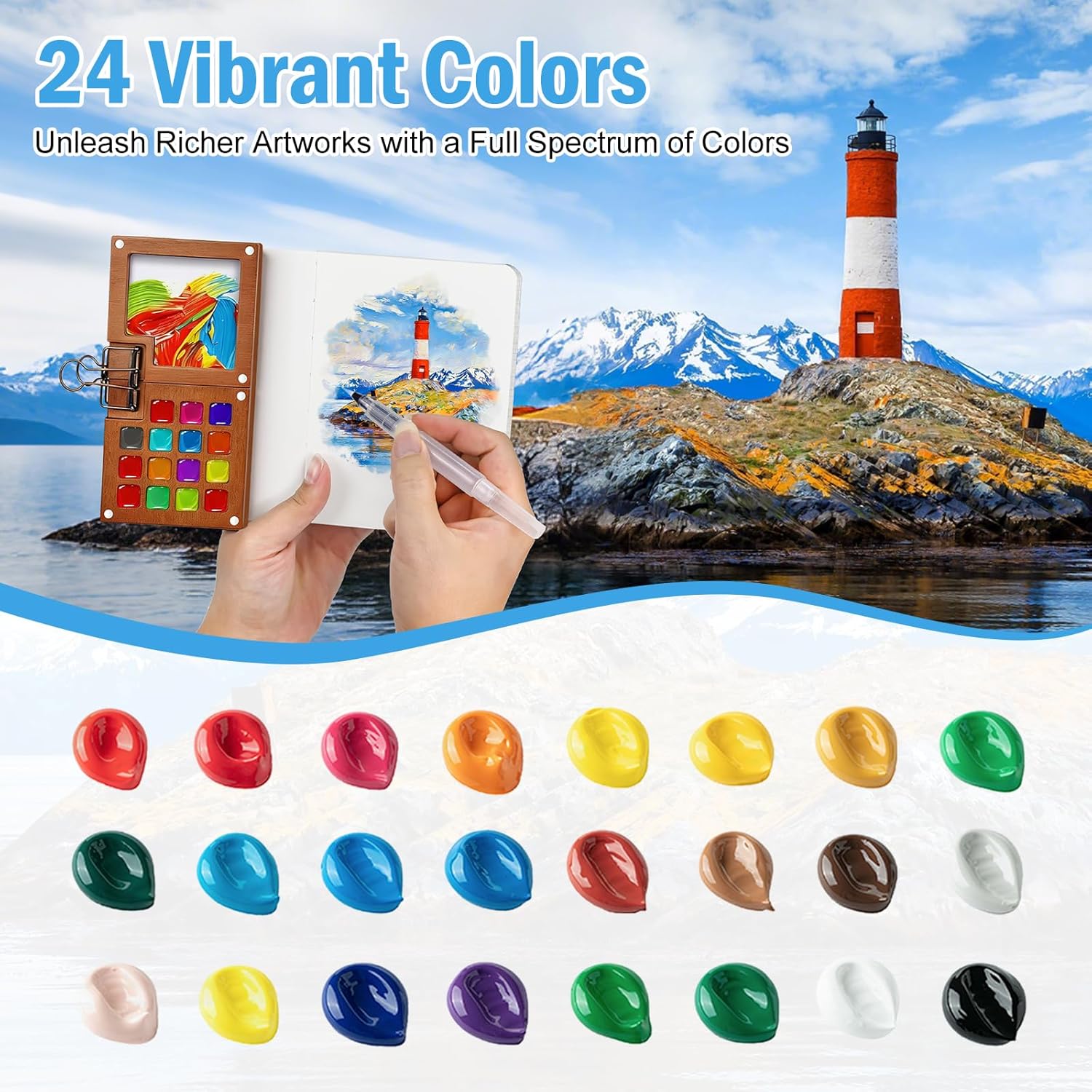 Mini Watercolor Paint Set, Walnut Wood Mini Paint Palette, 24-Colors Pocket watercolor set with Paint Brushes, Sketchbooks & Drawstring Bag, Ideal Paint Kit for Artists & Beginners - Image 3