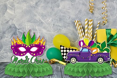 Miniatura 6 de Glodecart 8 piezas de centro de mesa de panal de Mardi Gras para decoración de fiesta del hogar, máscaras de carnaval, corona, centro de mesa para