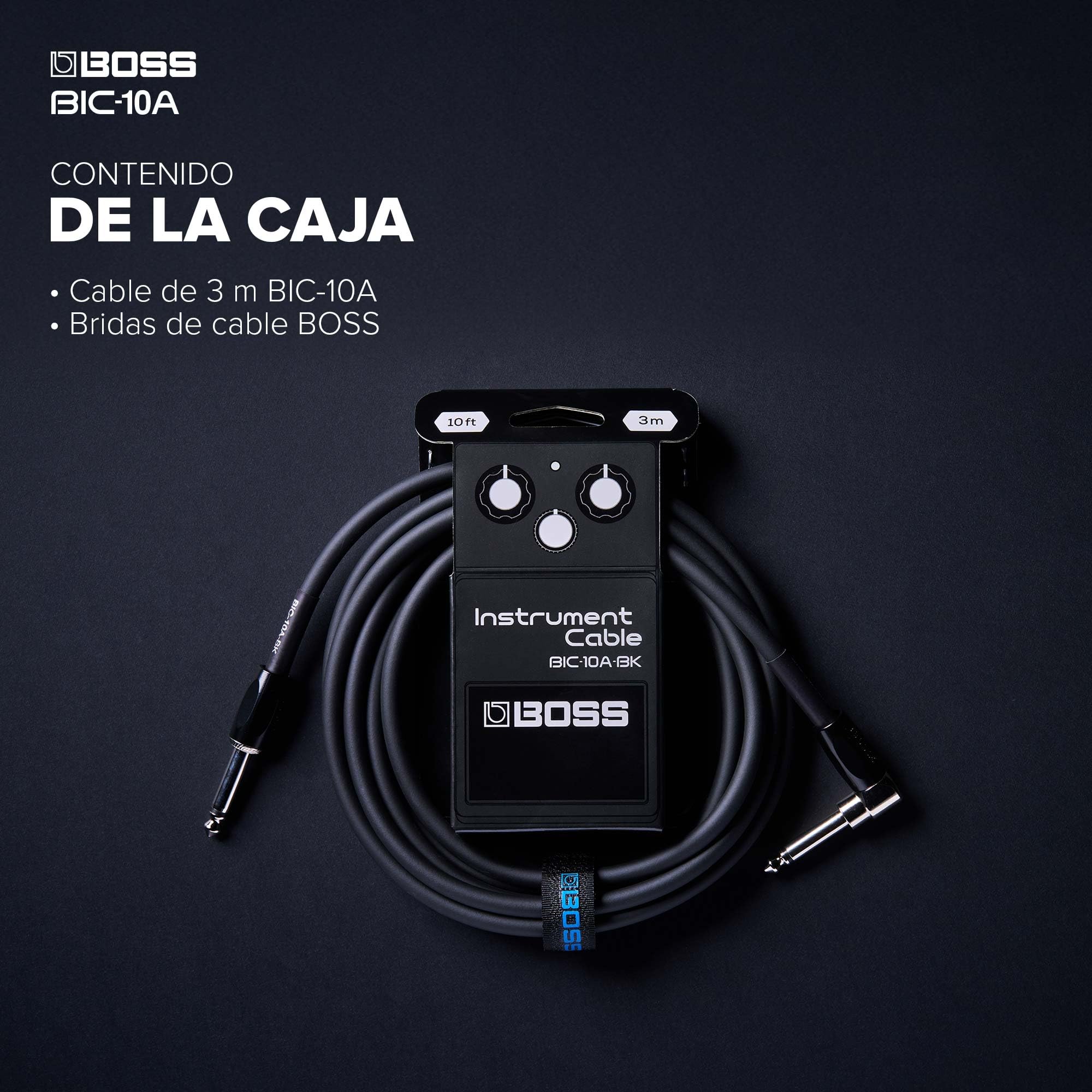 BOSS Serie BIC-10A | Cable de instrumento | Conectores de recto a ángulo recto de ¼ de pulgada | 3 m de longitud | Cables para guitarra, bajo y más | Silencioso y resistente | Negro