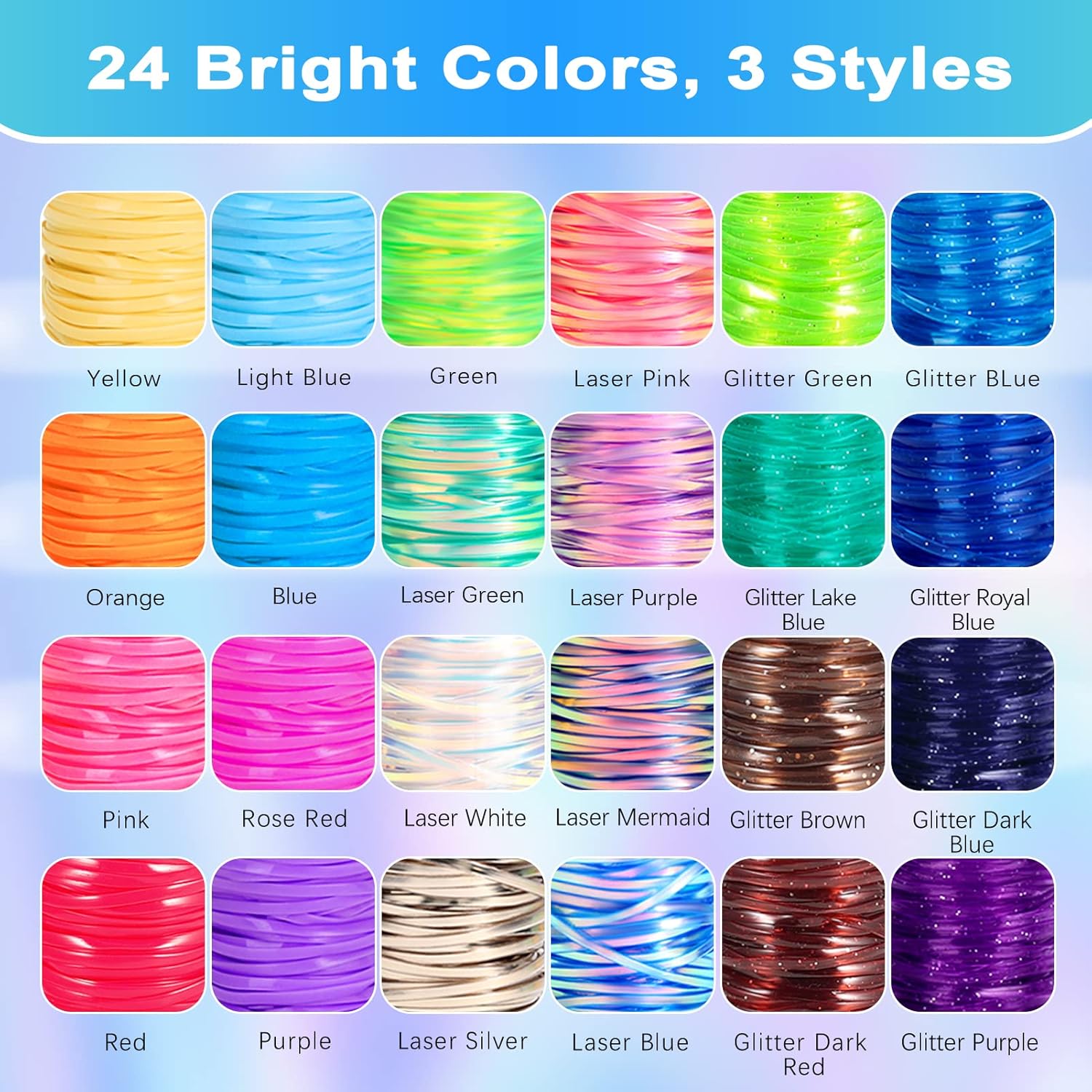 Karsspor Glitter/Laser/Normal Lanyard String Kit - 24 Rolls Gimp String, Plastic Lacing for DIY Bracelets, Key Chains, Pony Beads and Lanyards (788 Feet)