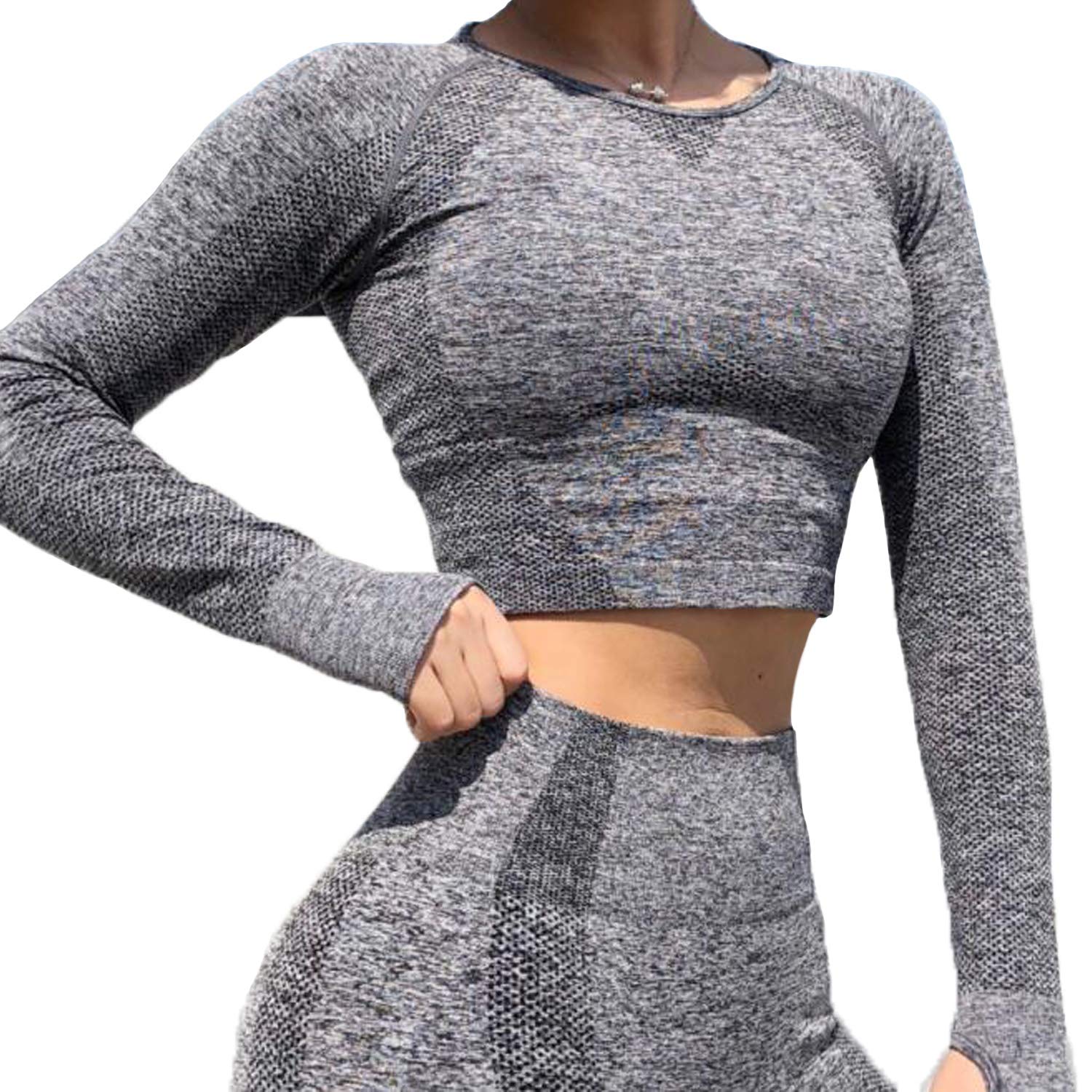 FITTOO Women's Long Sleeves Workout Crop Tops Seamless Sports Shirts Fitness Activewear