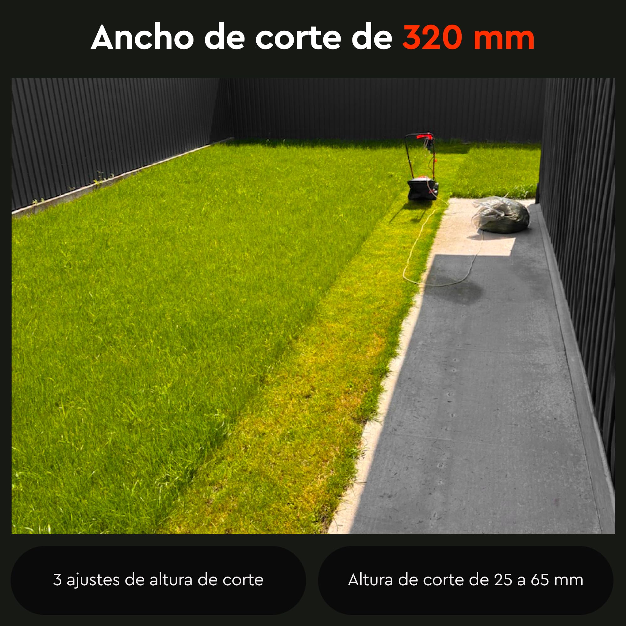 Cortacésped Eléctrico de 1000W, Ancho de Corte 32 cm, 3 Alturas de Corte 25–65 mm, Recogedor 30 L con Indicador, 6,4 kg, IPX4, Manillar Plegable - 32N