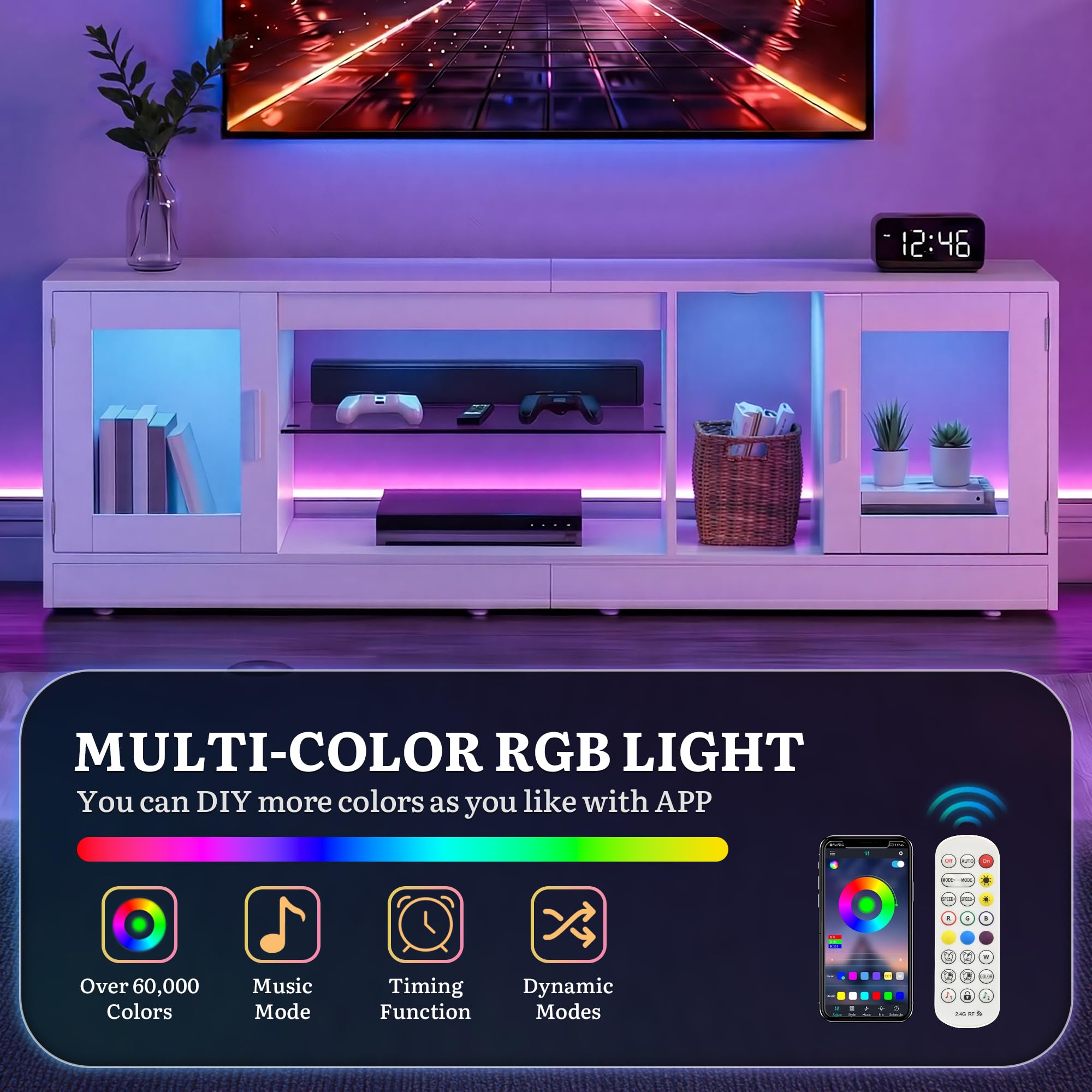 YITAHOME Mobile TV da 160 cm con 7 LED RGB, con 2 armadi chiusi, 3 ripiani aperti e ripiano in vetro regolabile, moderno centro di intrattenimento per soggiorno, 160 x 32 x 51 cm