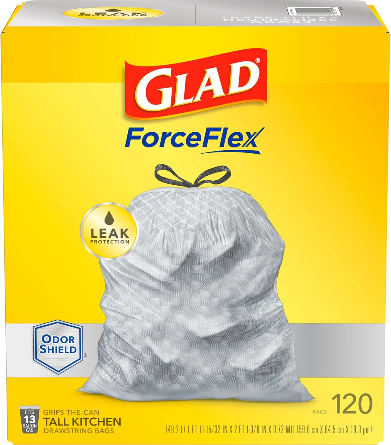 Glad Trash Bags, ForceFlex Tall Kitchen Drawstring Garbage Bags - 13 Gallon White Trash Bag for Kitchen Trash Can, Odor Shield, Odor Eliminator, Leak Protection, 120 Count