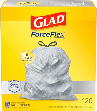 Glad Trash Bags, ForceFlex Tall Kitchen Drawstring Garbage Bags - 13 Gallon White Trash Bag for Kitchen Trash Can, Odor Shield, Odor Eliminator, Leak Protection, 120 Count