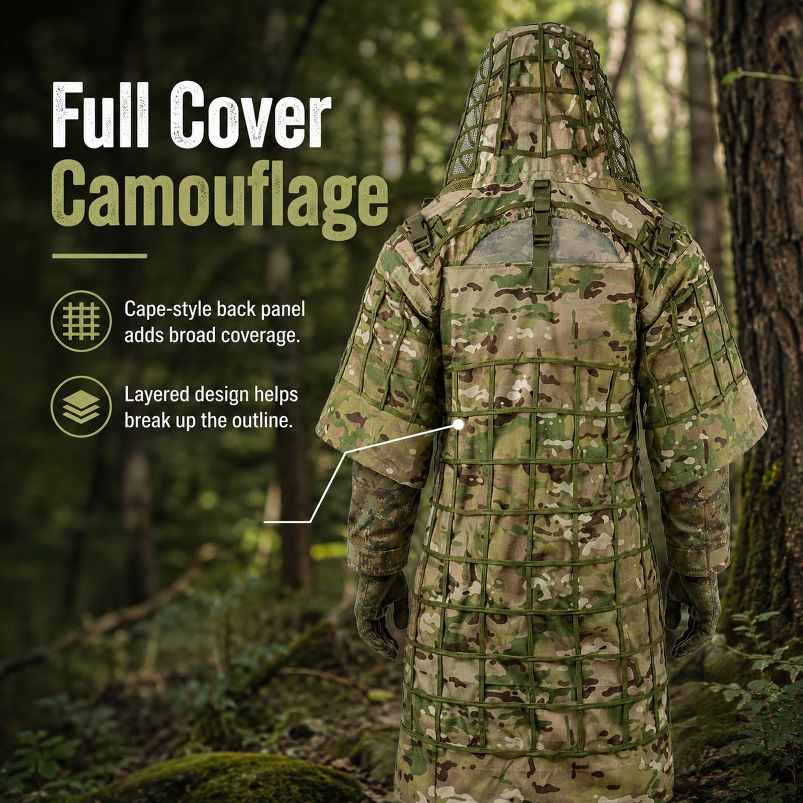Ghillie Suit Tactical Set con Viper Hood E Mantello Camouflage Traspirante | Giacca Mesh Leggera E Traspirante for Caccia Fotografia Naturalistica Osservazione E Training Outdoor Bosco