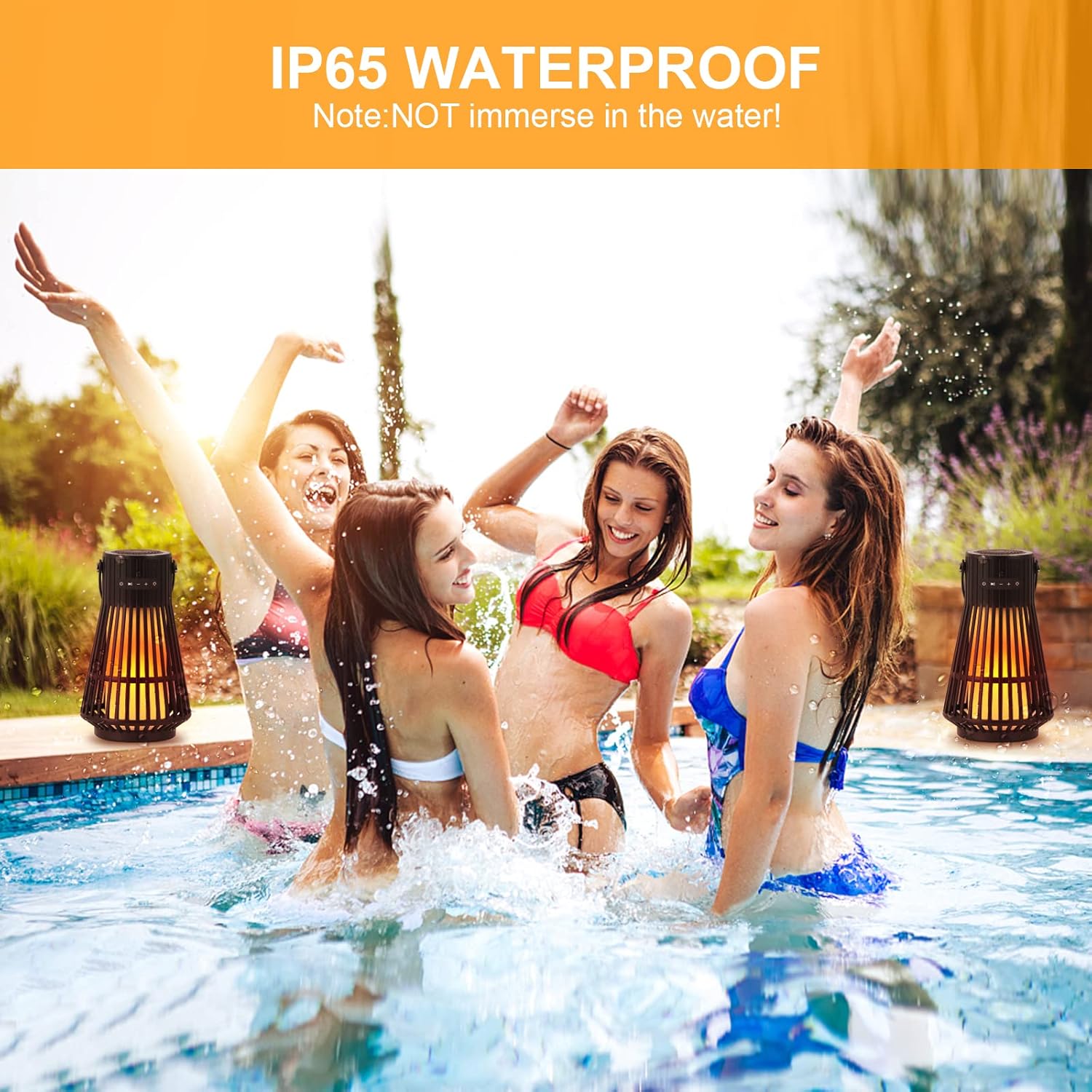 People enjoying the Tesoorda LED Flame Speaker near a pool, highlighting its IP65 waterproof feature