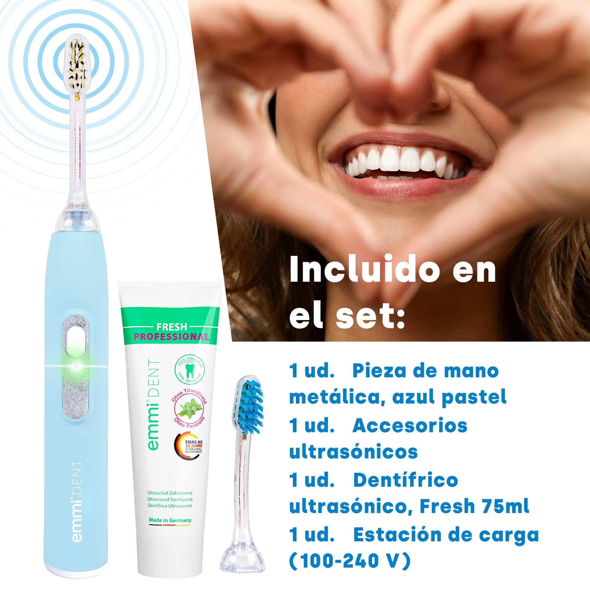 emmi®-dent Metallic Cepillo de Dientes Eléctrico Ultrasónico (Set Básico Azul Pastel) I Ideal para Dientes y Encías Sensibles I Cepillado Óptimo sin Frotar I Hasta 12 Días de Batería
