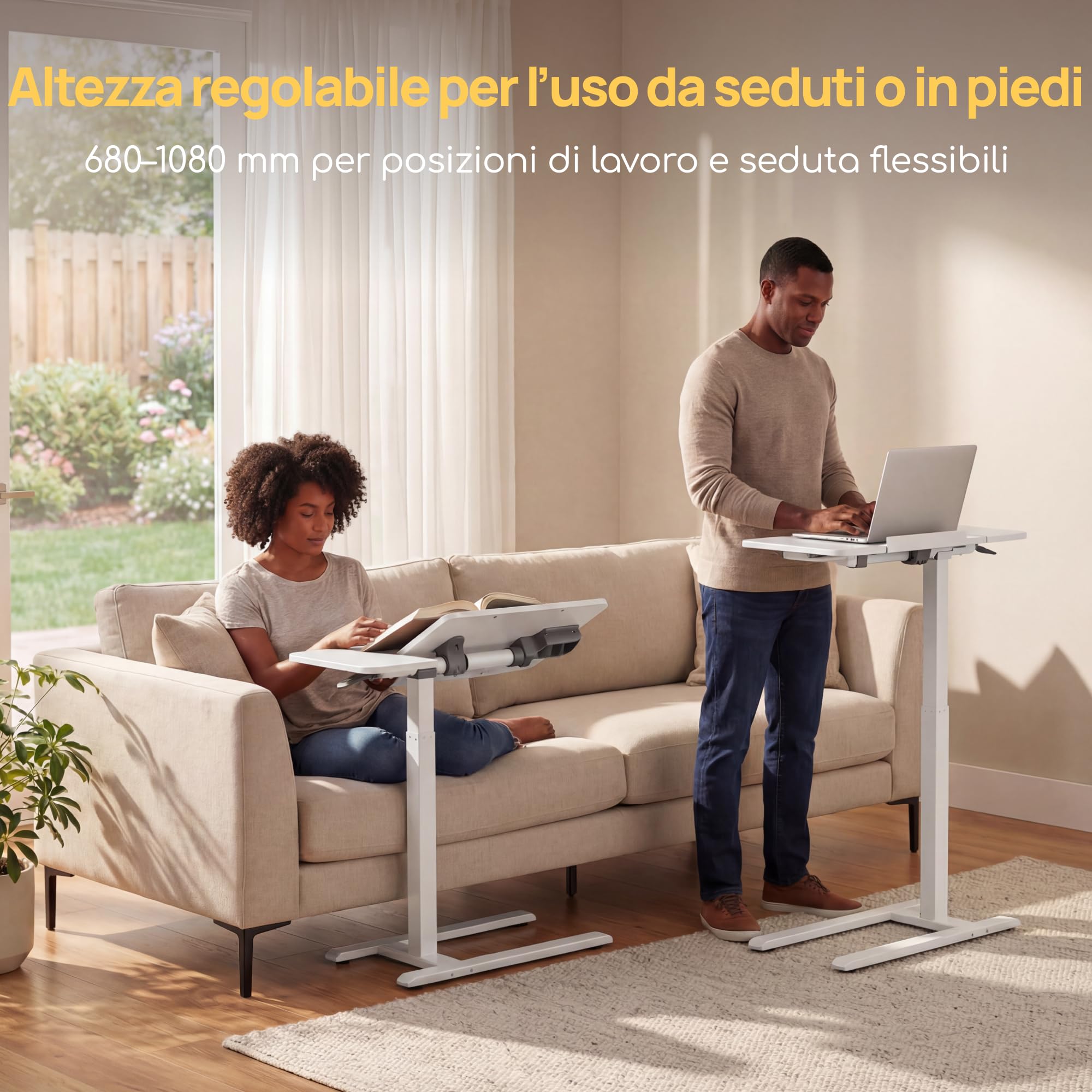Viviendo Tavolino da Letto con Ruote, Bianco, Regolabile in Altezza 68–108 cm con Pistone a Gas, Tavolo per Laptop con Piano Inclinabile, Tavolino Servitore per Letto, Divano e Ufficio, 70 x 40 cm