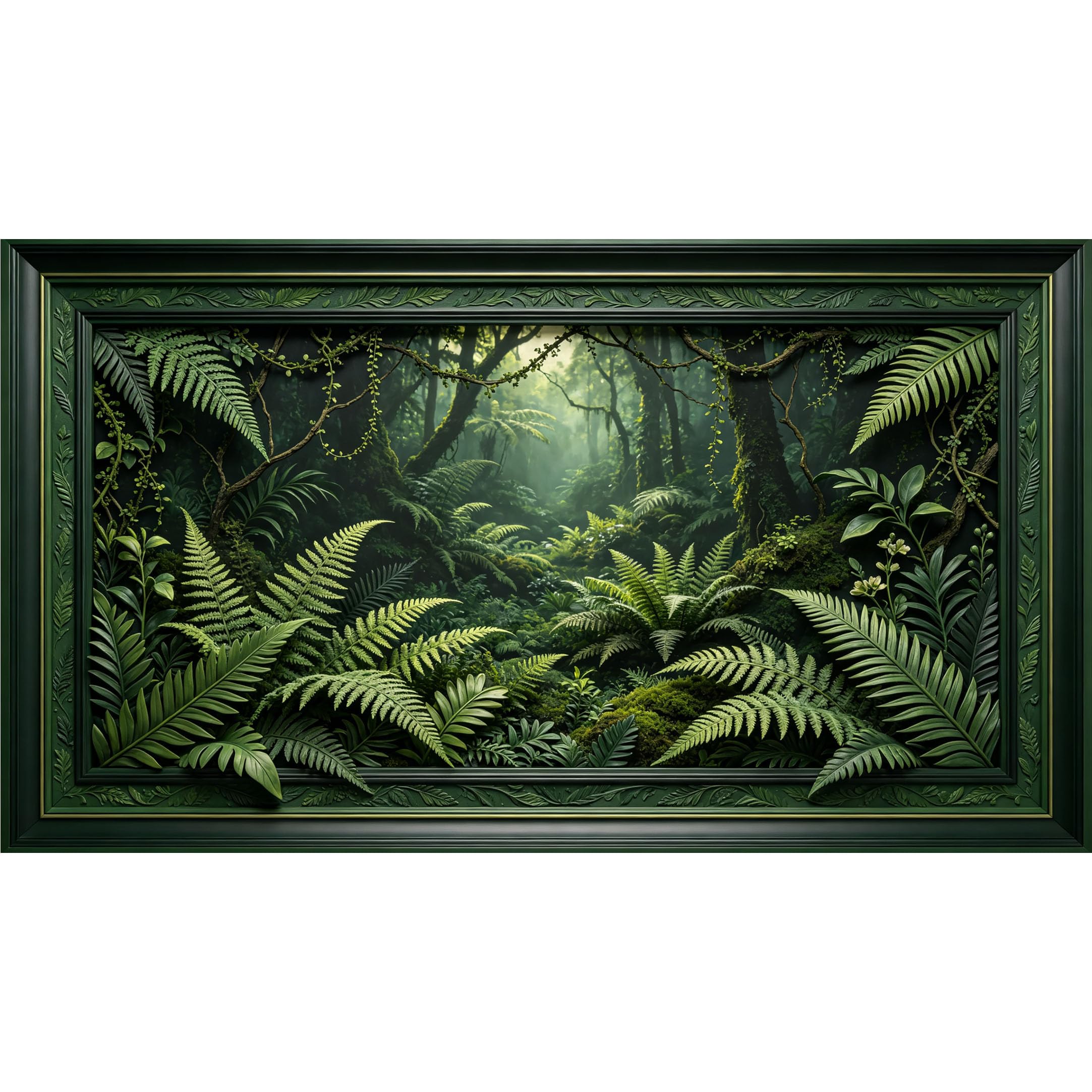 QZLITHOTIC 50×90cm3D Framed Wall Art， Tropical Rainforest Fern Leaf Botanical SelfAdhesive Mural， WaterActivated Peel & Stick Fabric Decor Wall Decal for Bedroom Living Room