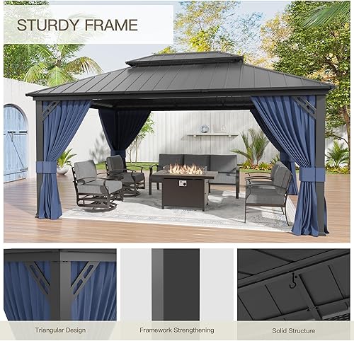 Miniatura 3 de Trumbeak Gazebo de techo rígido de 12 x 16 pies, glorieta de doble techo, marco de metal, pabellón permanente con cortinas y red, cenador al aire