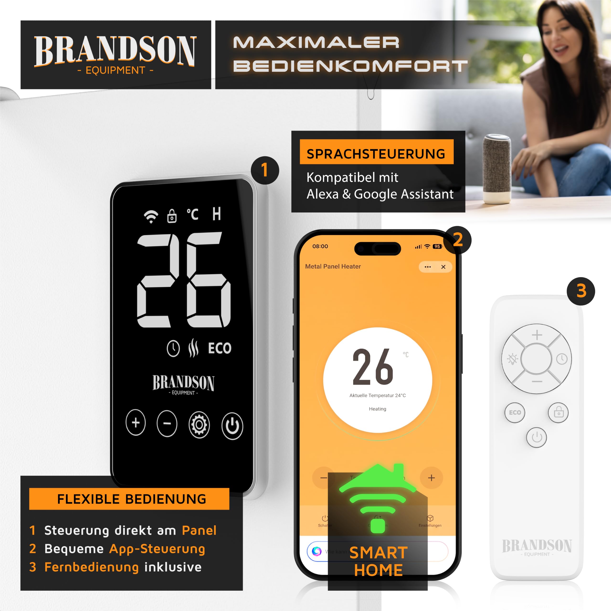 Brandson - Infrarotheizung Smart mit App 450 Watt - Heizpaneel mit LED Display – Timer – APP Tuya Smart - Temperaturfühler Thermostat – wahlweise Wandmontage oder Standgerät - Heizung Infrarot