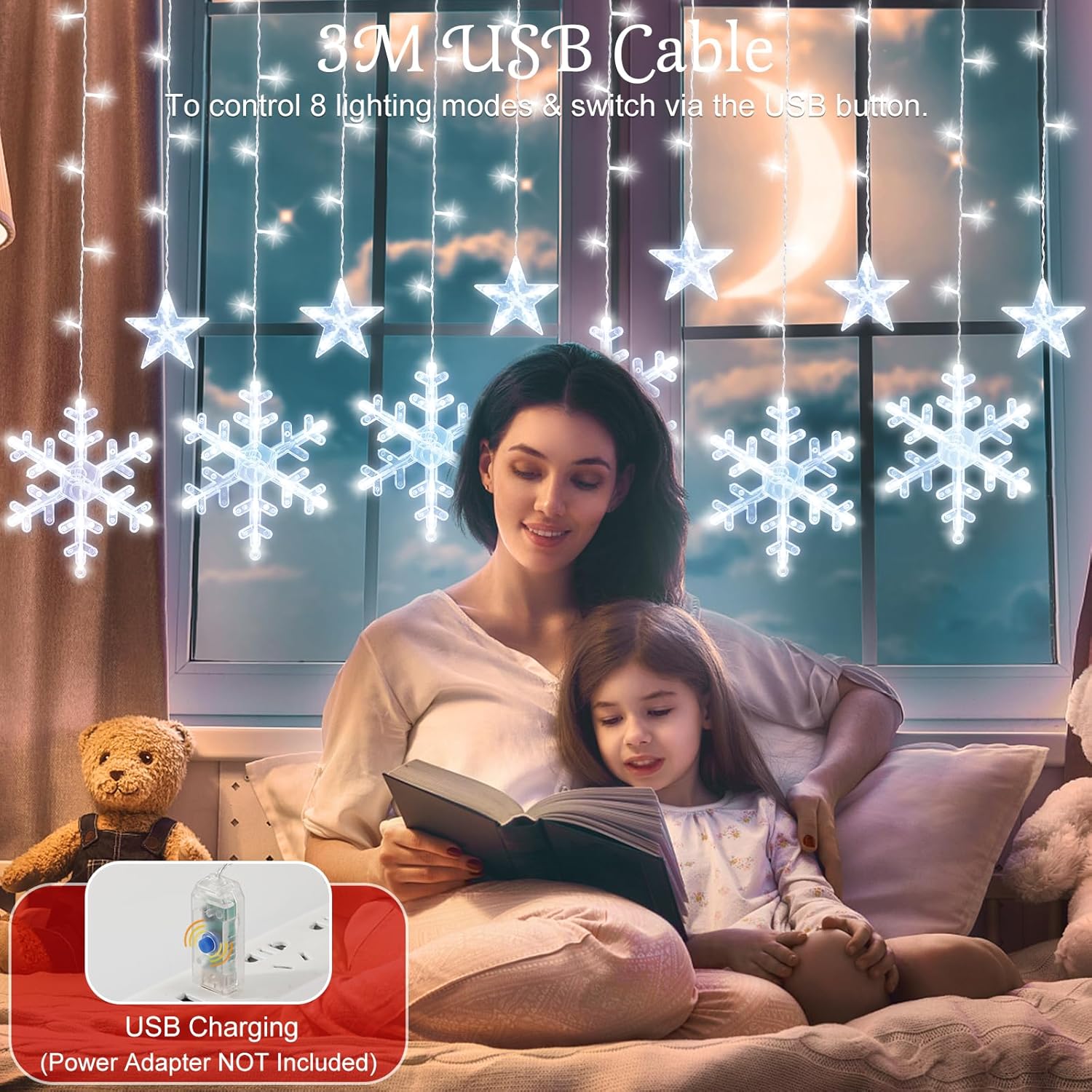 Lewondr 138 LED Christmas String Curtain Lights, Hanging Fairy Lamp with 6H Timer & 8 Modes, USB & Remote Control Snowflake+Stars String Lights for Xmas Wedding Party Xmas Indoor Decor, White Light