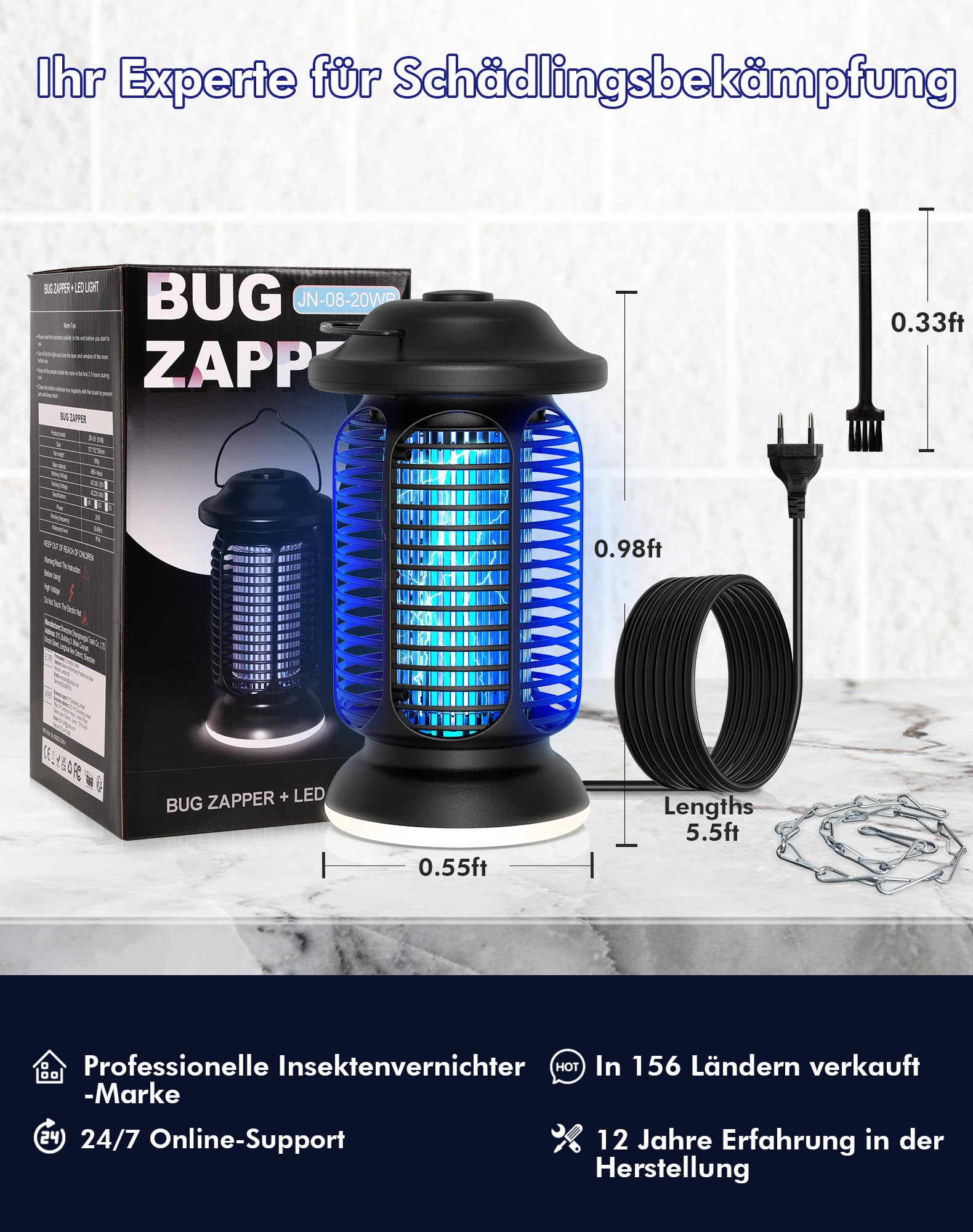 Insektenvernichter Elektrisch 4000V, Fliegenfalle Elektrisch 20W mit LED Licht, UV Mückenlampe IPX4 Wasserdicht, Anti Mücken Fliegen Insekten, Mückenfalle für Draußen Innen