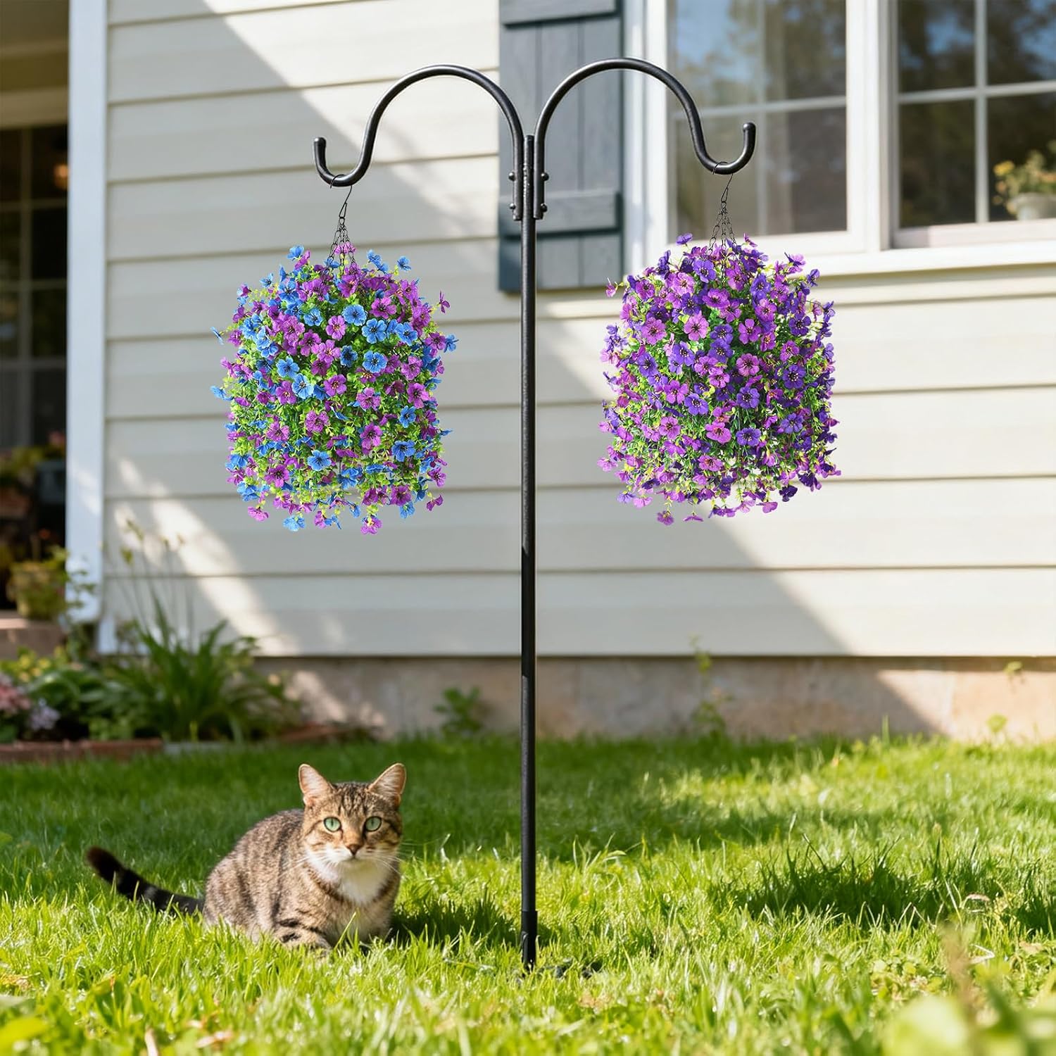Artificial Flowers Hanging Baskets, 4 Bundles Outdoor Hanging Basket Spring Summer Decoration, No Fade Realistic Fake Flowers Plants for Porch Patio Balcony Home Yard Decor(Purple Blue)
