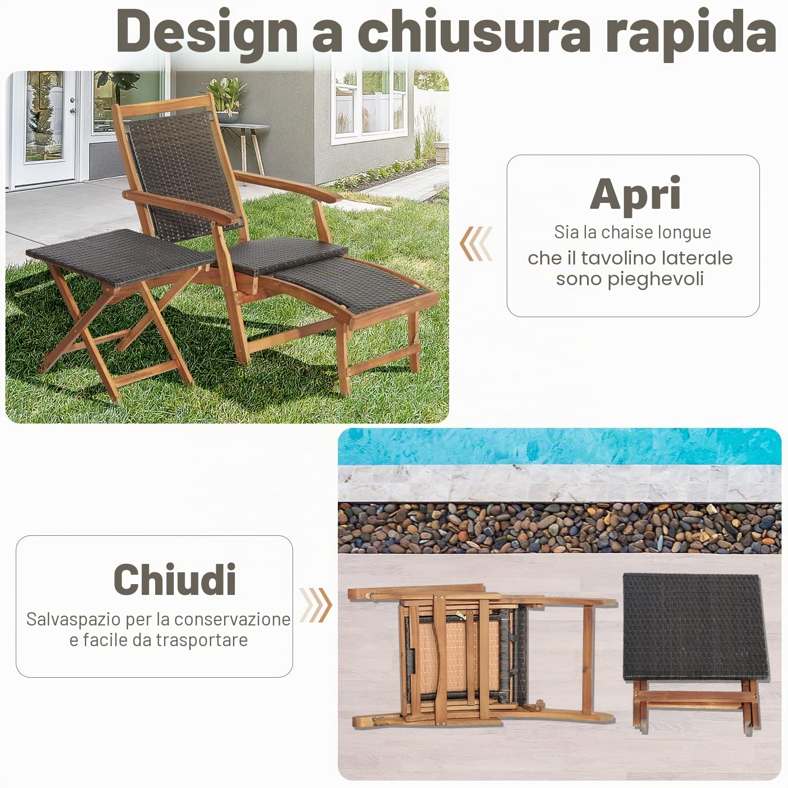 KOMFOTTEU Set Pieghevoli da Giardino in Rattan con Sedia Sdraio e Tavolino