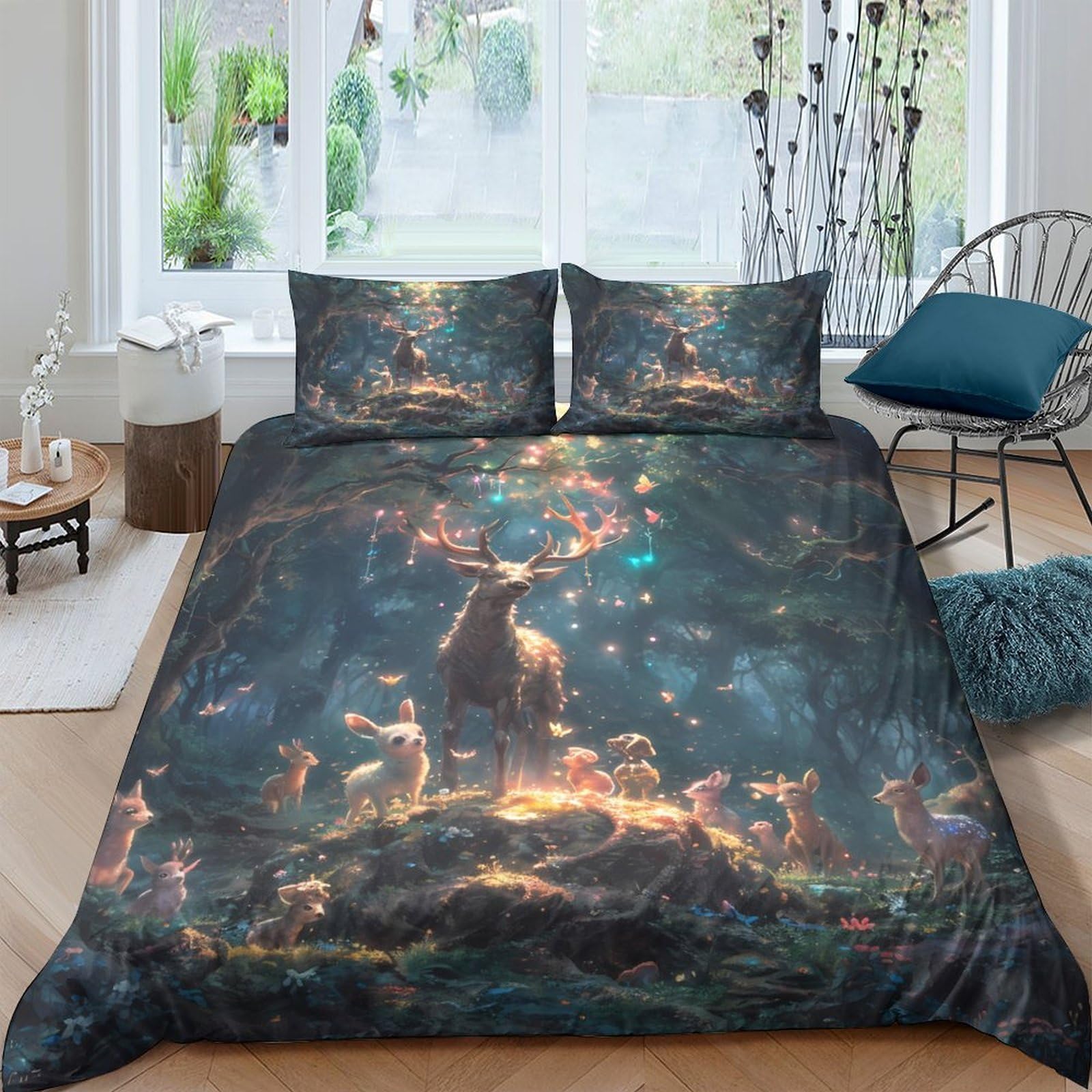Ctjqhvkz Style-4 3D Printed Fantasy Forest Fitted Sheet Microfiber Soft Dark Enchanted Animal Mattress Cover Bedroom Decor Single（135X200cm）
