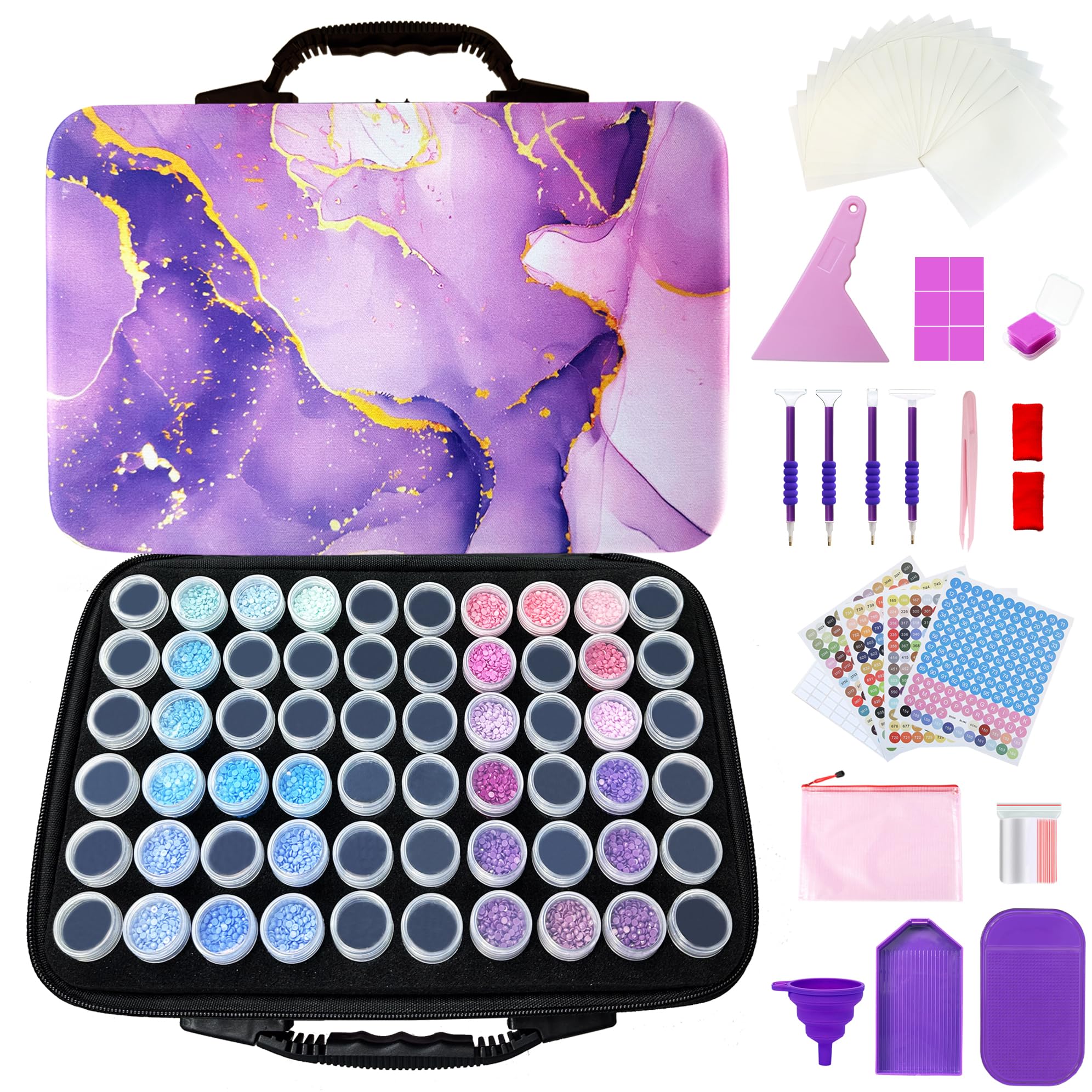 Fokenzary Contenitori per pittura con diamanti, 60 scomparti, kit per pittura con diamanti, accessori e strumenti portatili (violet-lite)