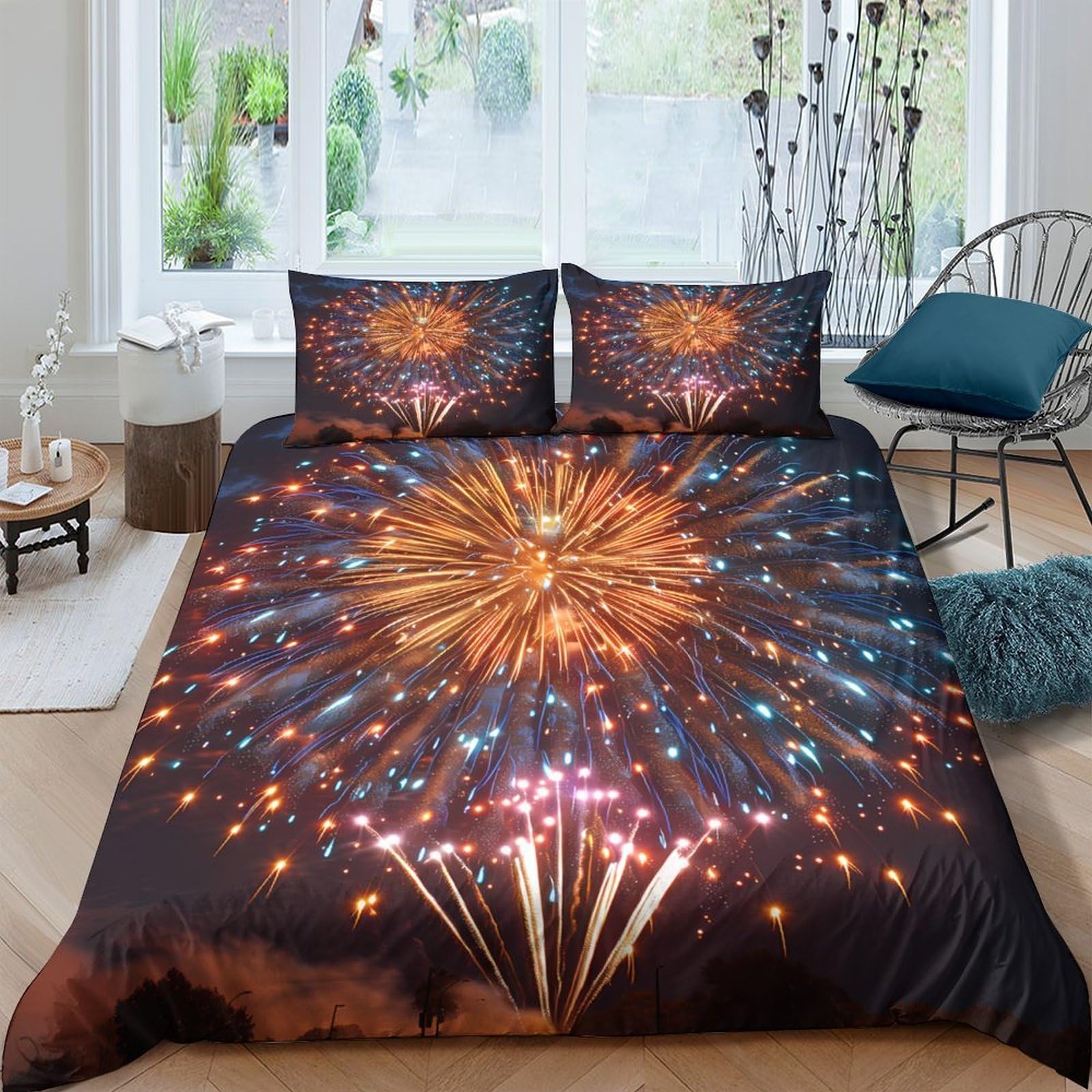 Ctjqhvkz Style-4 3D Printed Fireworks Night Fitted Sheet Microfiber Soft Decorative Festival Spark Mattress Cover For Bedroom Guest Room Single（135X200cm）